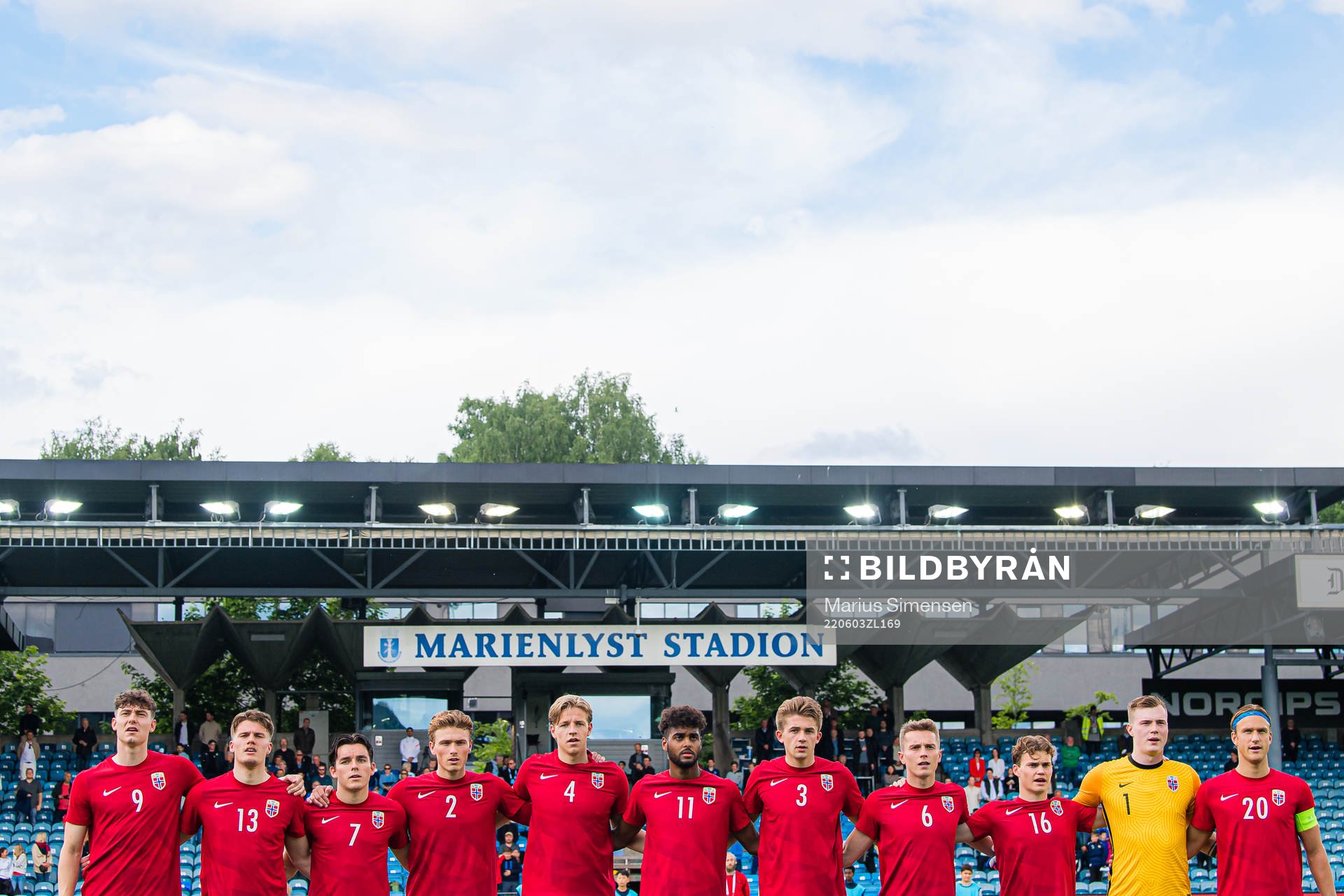 Jørgen Strand Larsen, Leo Fuhr Hjelde, Hugo Vegard Vetlesen, Sebastian Søraas Sebulonsen, Jesper Norman Daland, Emil Konradsen Ceide, Henrik Heggheim, Johan Hove, Kristian Fredrik Malt Arnstad, goalkeeper Kristoffer-August Sundquist Klaesson and Erik Botheim of Norway ahead of the UEFA European Under-21 Qualifier football match between Norway and Croatia on June 3, 2022 in Drammen.