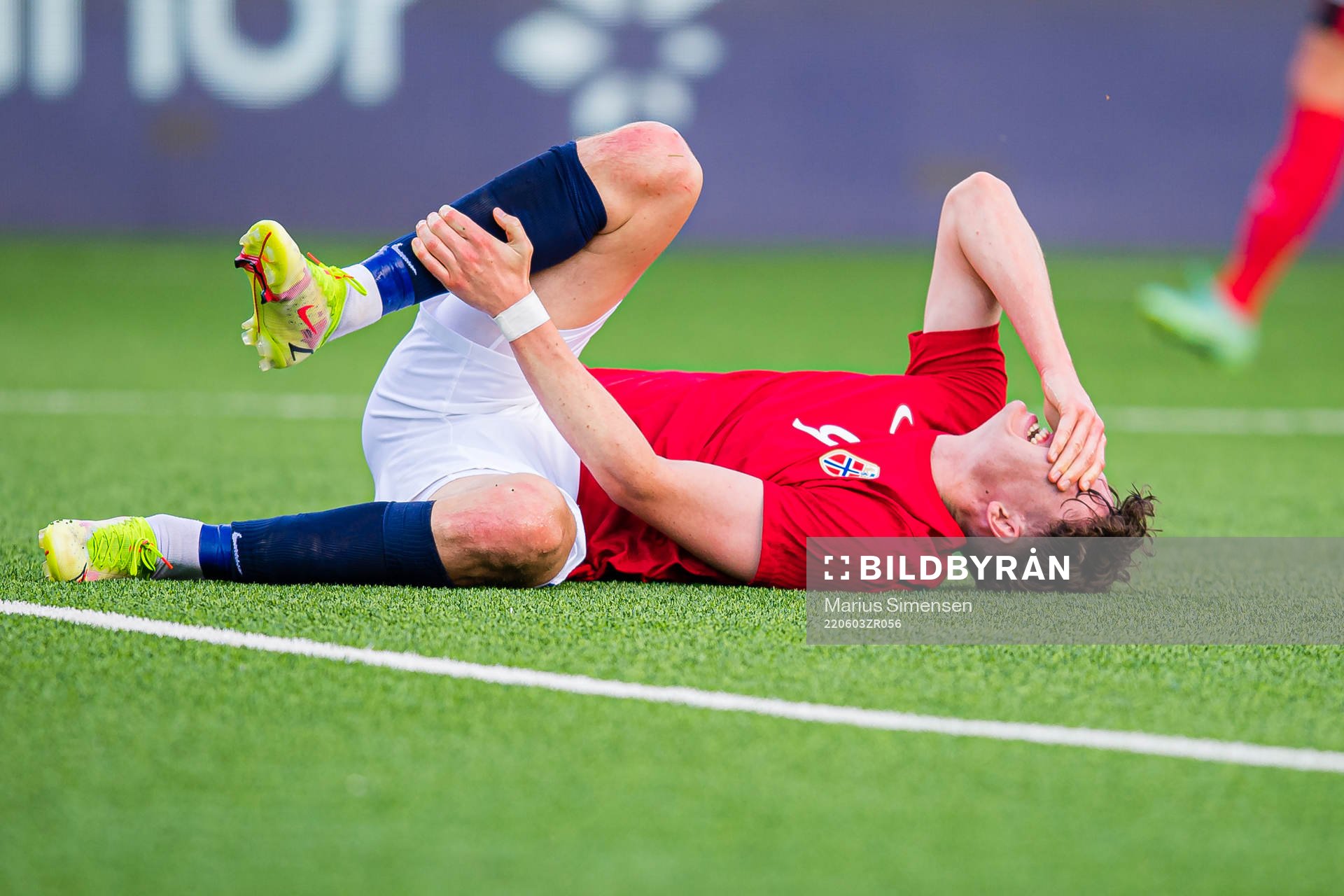 Jørgen Strand Larsen of Norway in pain