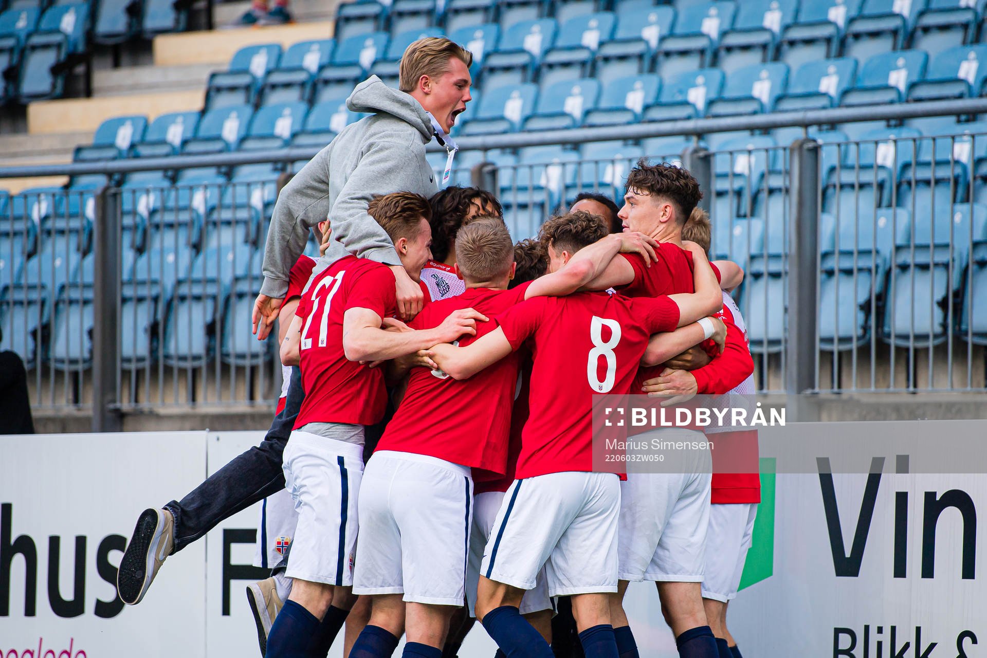 Jørgen Strand Larsen of Norway celebrates after scoring the 3-2 goal during the UEFA European Under-21 Qualifier football match between Norway and Croatia on June 3, 2022 in Drammen.