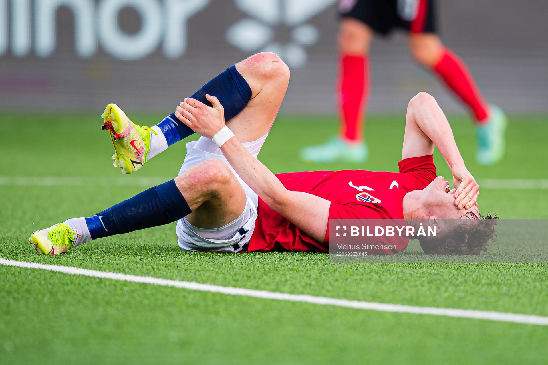 Jørgen Strand Larsen of Norway in pain