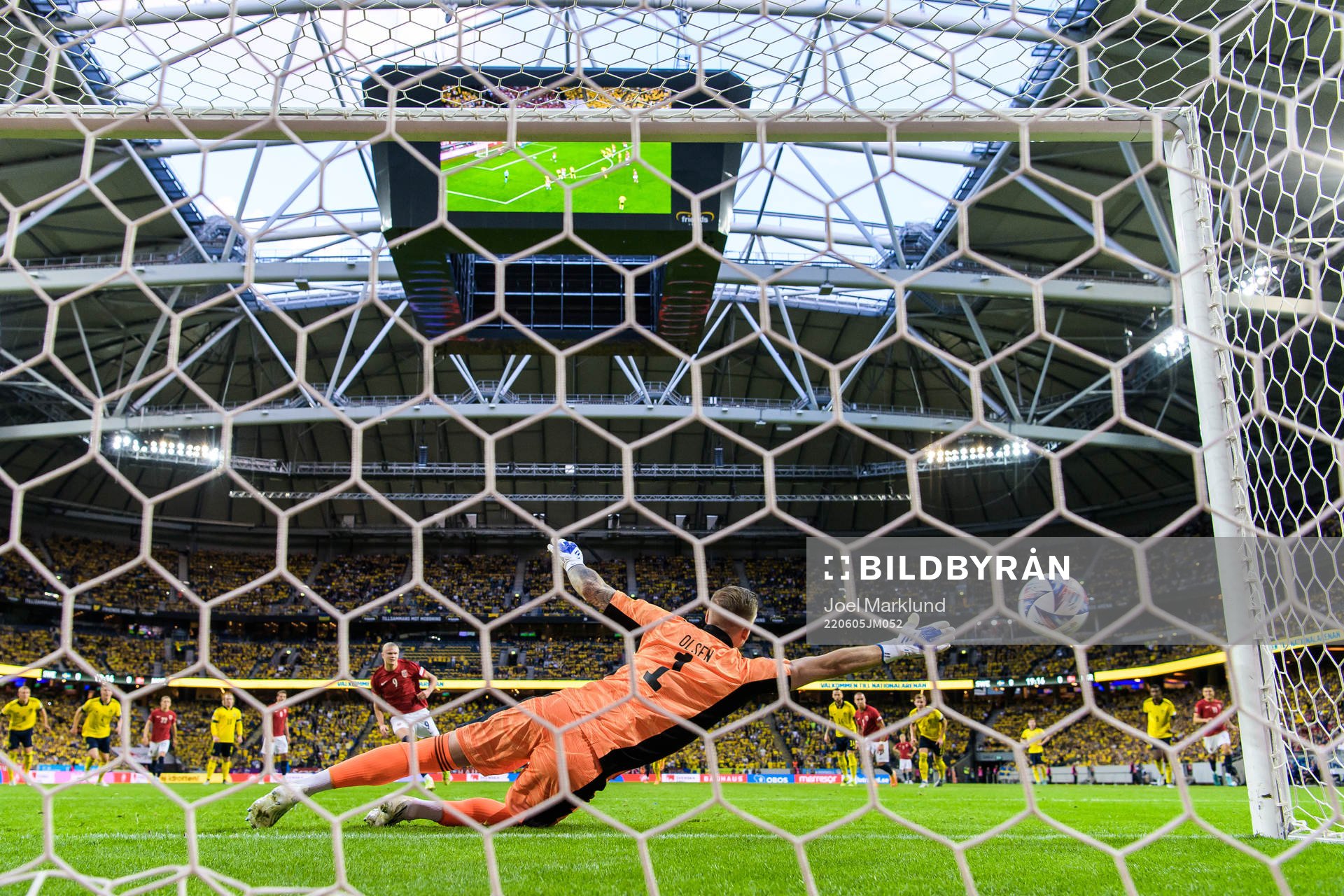 Goalkeeper Robin Olsen of Sweden lets in the 0-1 goal from