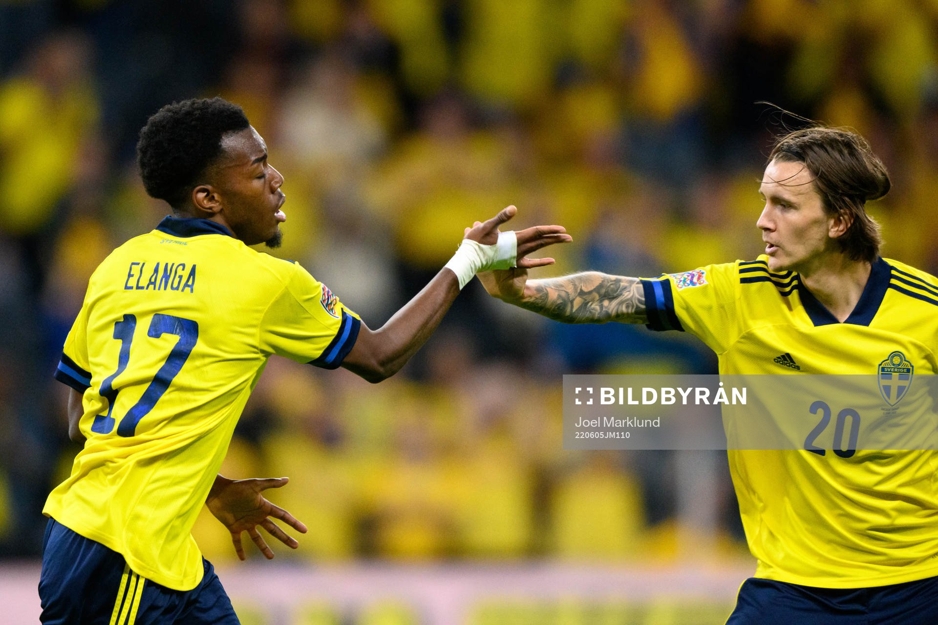 Anthony Elanga and Kristoffer Olsson celebrates after 2-1 during the Nations League football match between Sweden and Norway on June 5, 2022 in Stockholm.