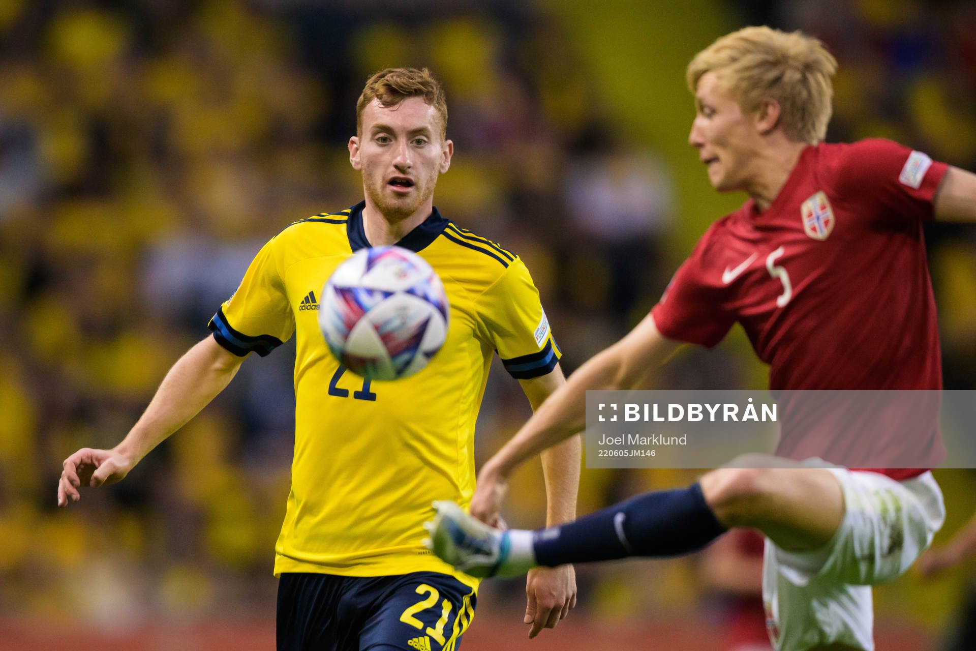 Dejan Kulusevski of Sweden and Birger Meling of Norway