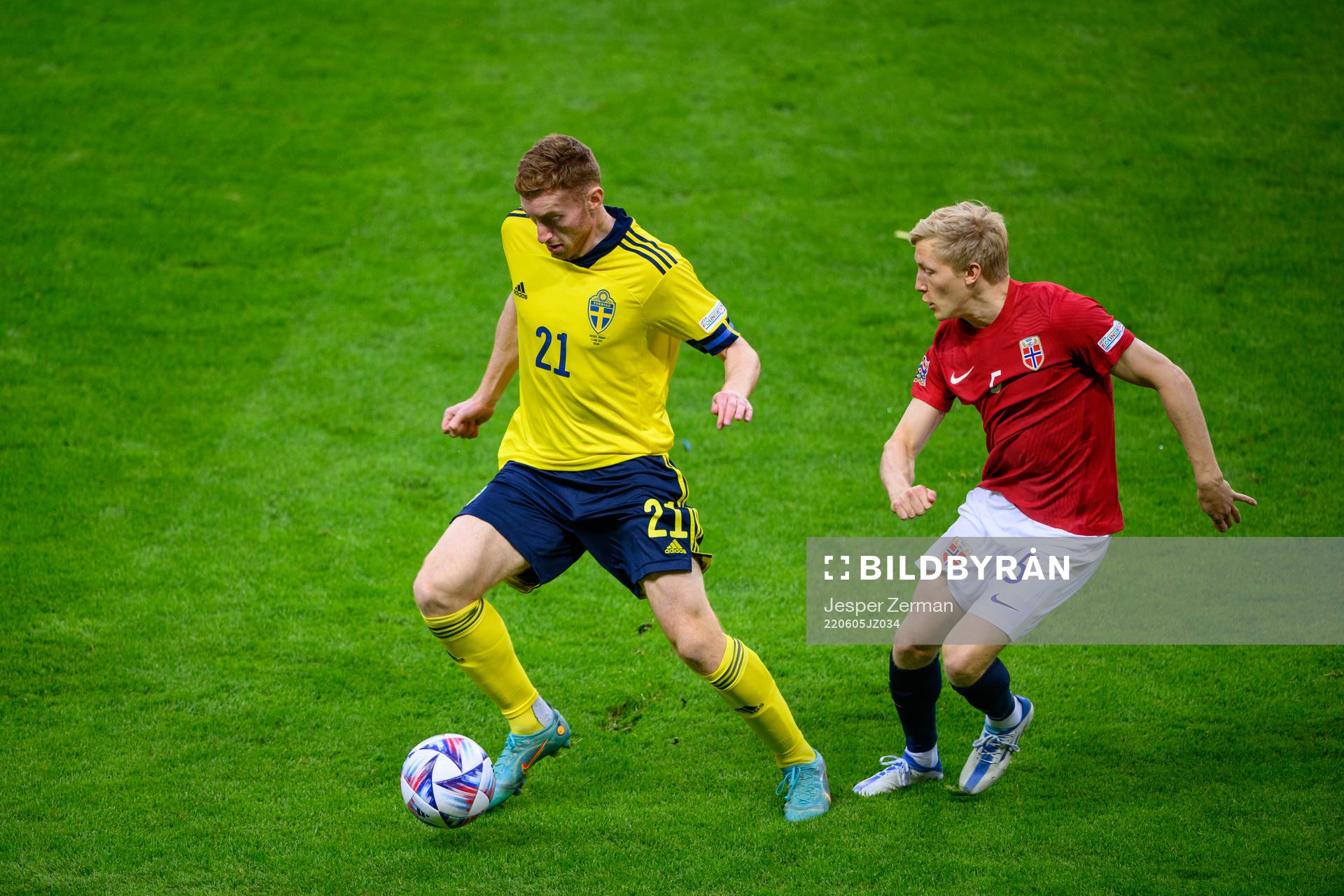 Dejan Kulusevski of Sweden and Birger Meling of Norway