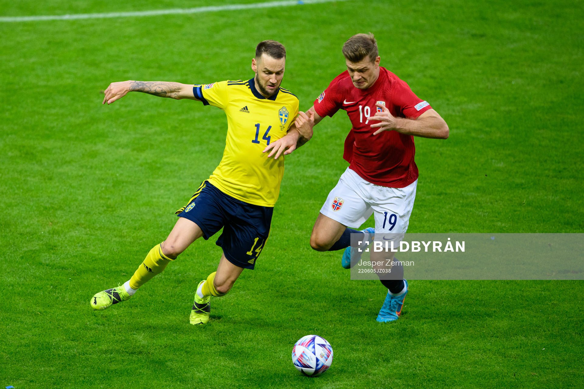 Alexander Milosevic of Sweden and Alexander Sørloth of