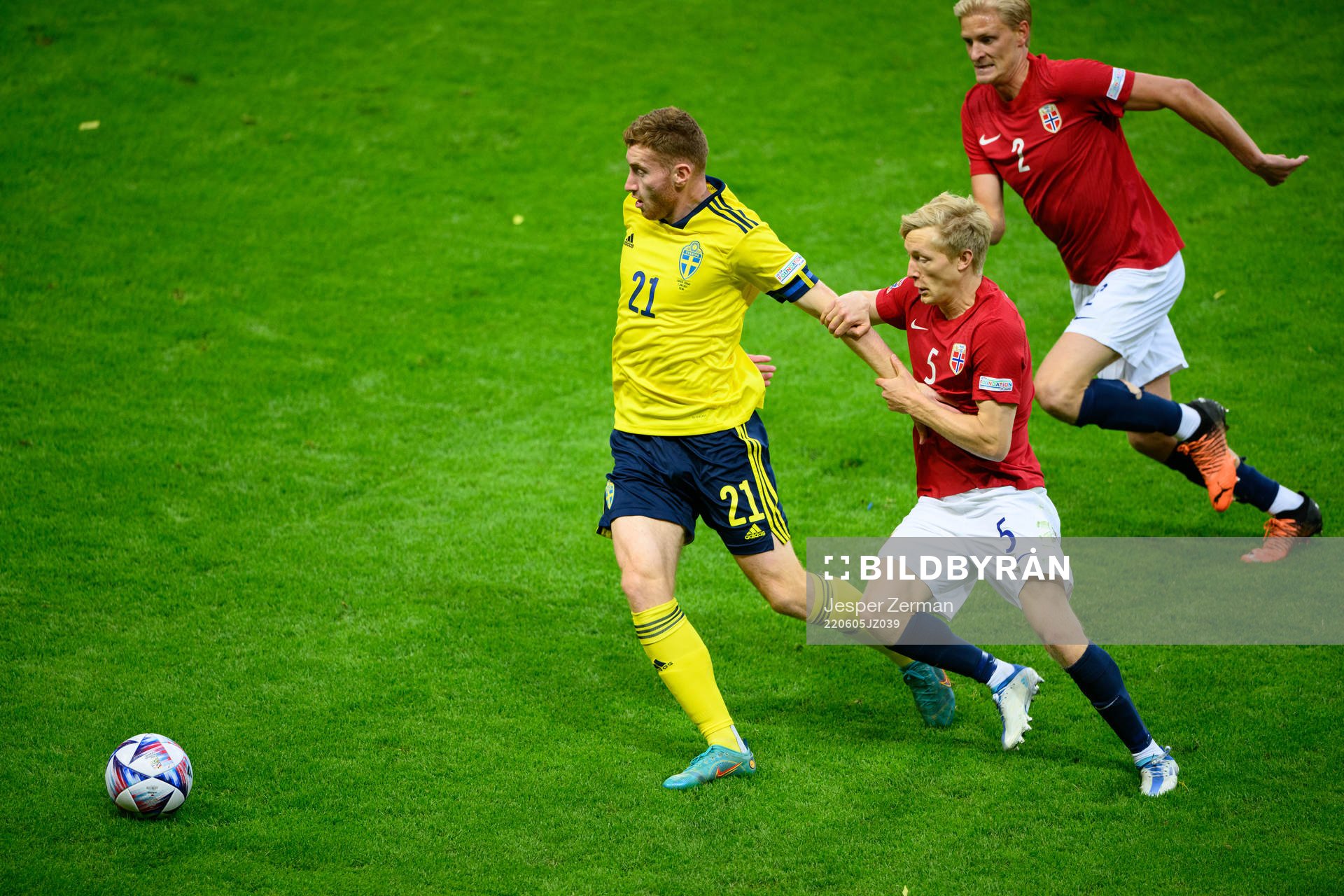 Dejan Kulusevski of Sweden and Birger Meling +of Norway