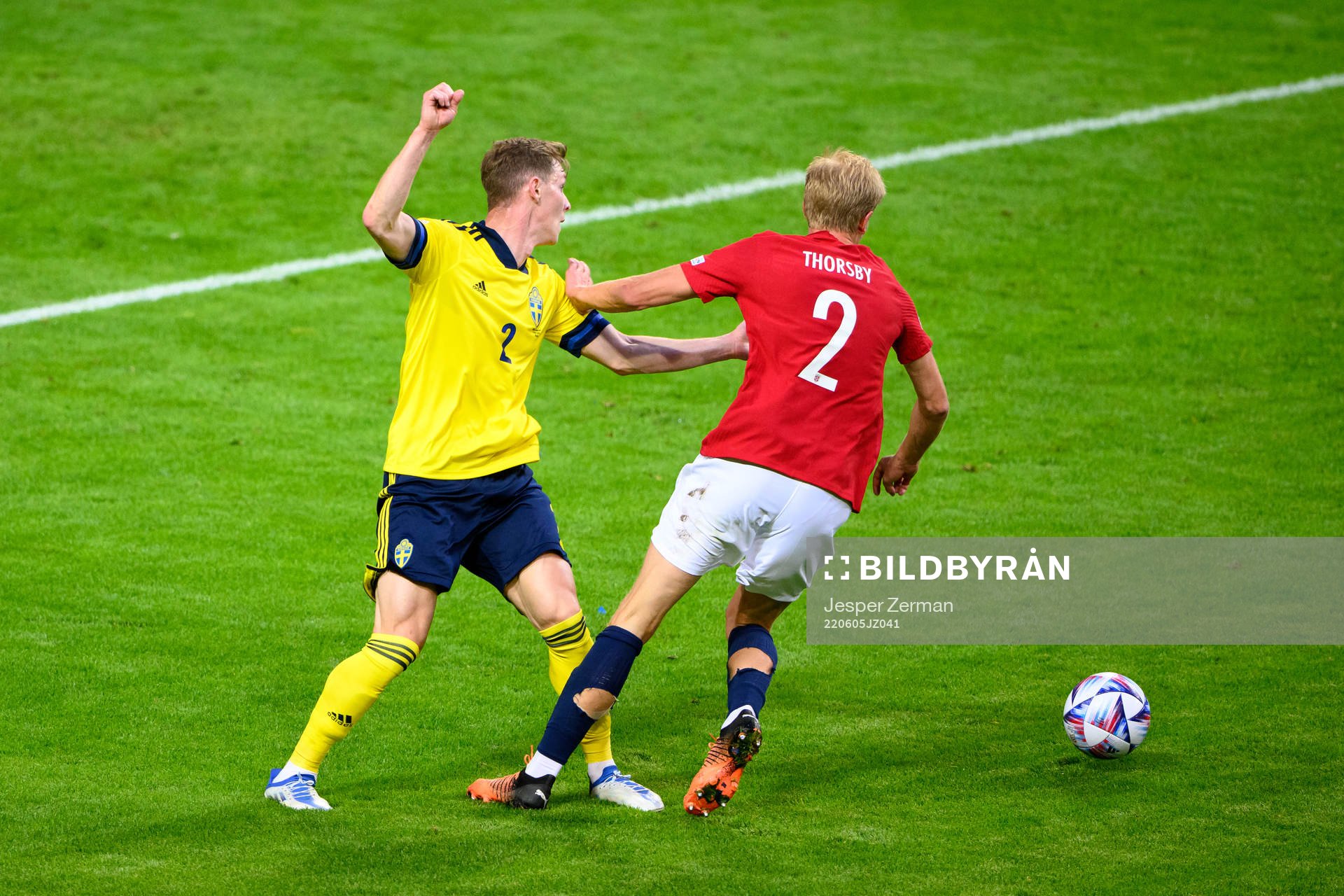 Emil Krafth of Sweden and Morten Thorsby of Norway