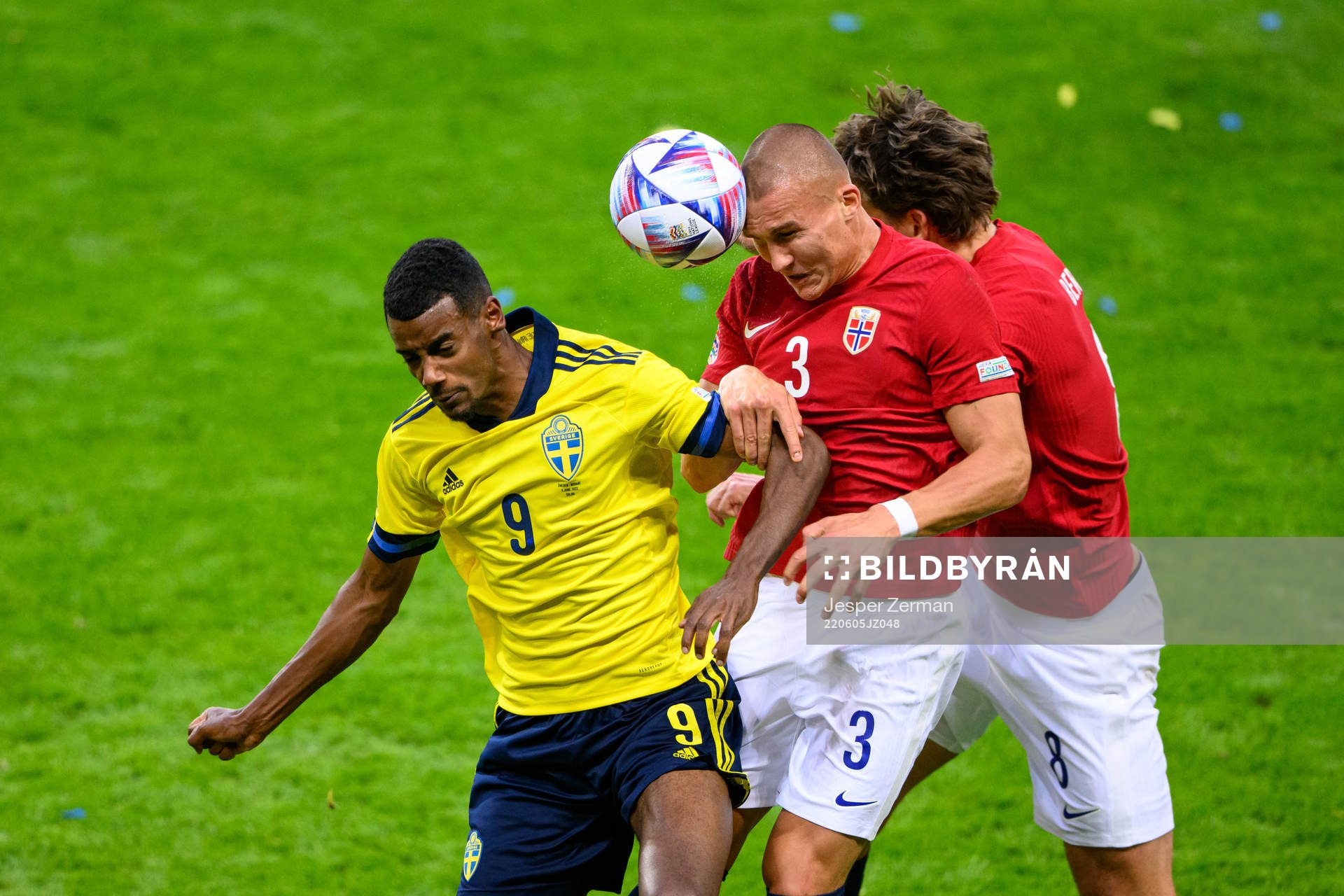 Alexander Isak of Sweden and Leo Skiri Østigård and