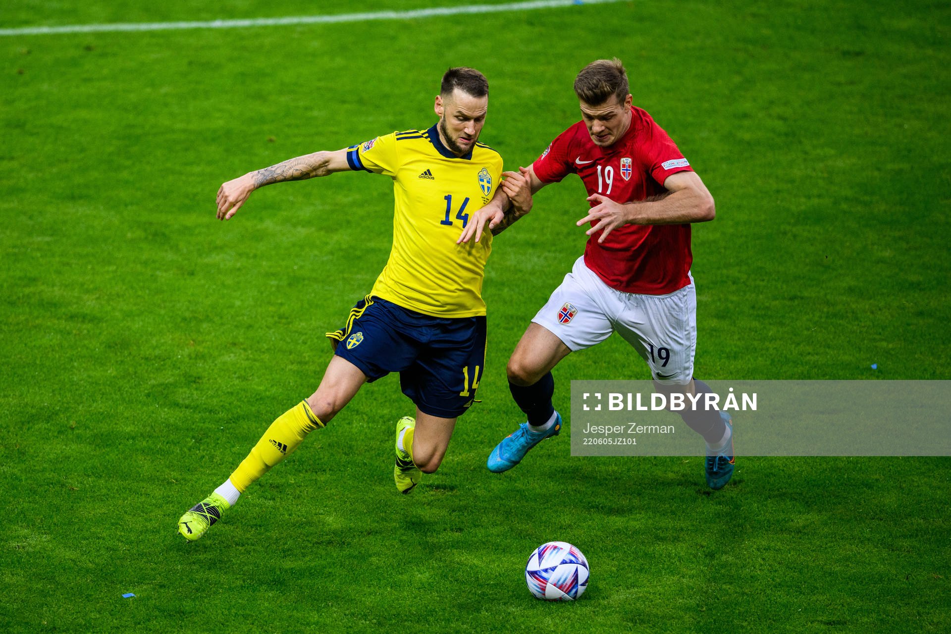 Alexander Milosevic of Sweden and Alexander Sørloth of