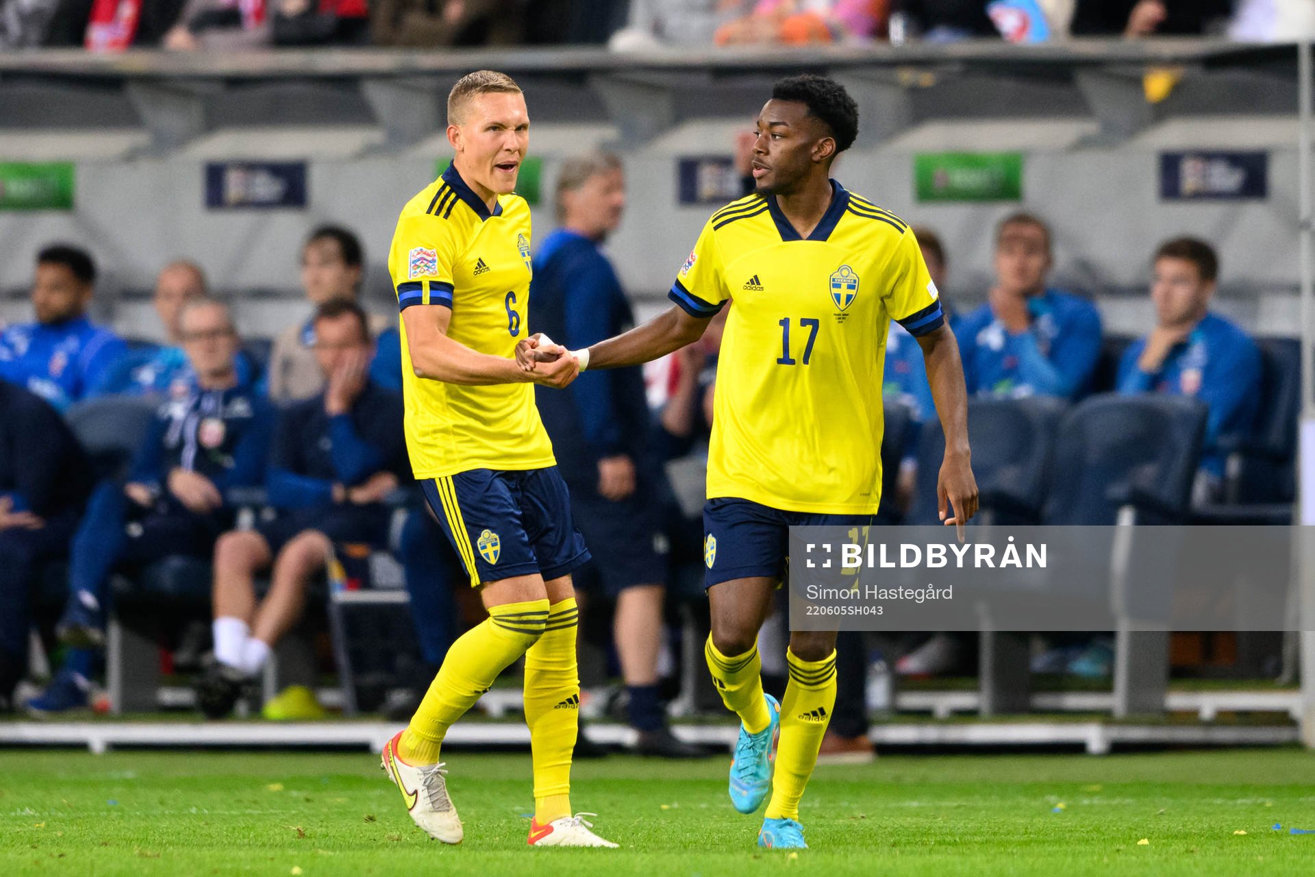 Ludwig Augustinsson and Anthony Elanga of Sweden