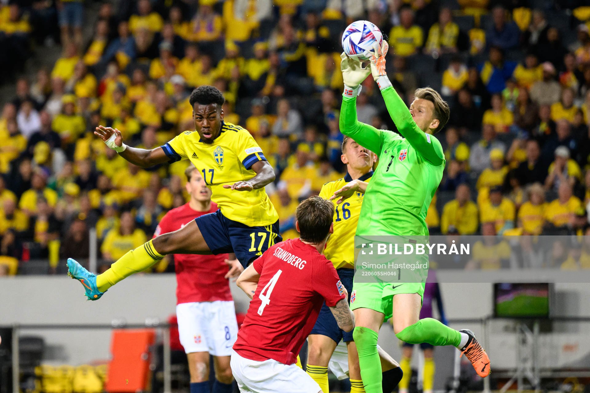 Anthony Elanga of Sweden and Goalkeeper Ørjan Håskjold
