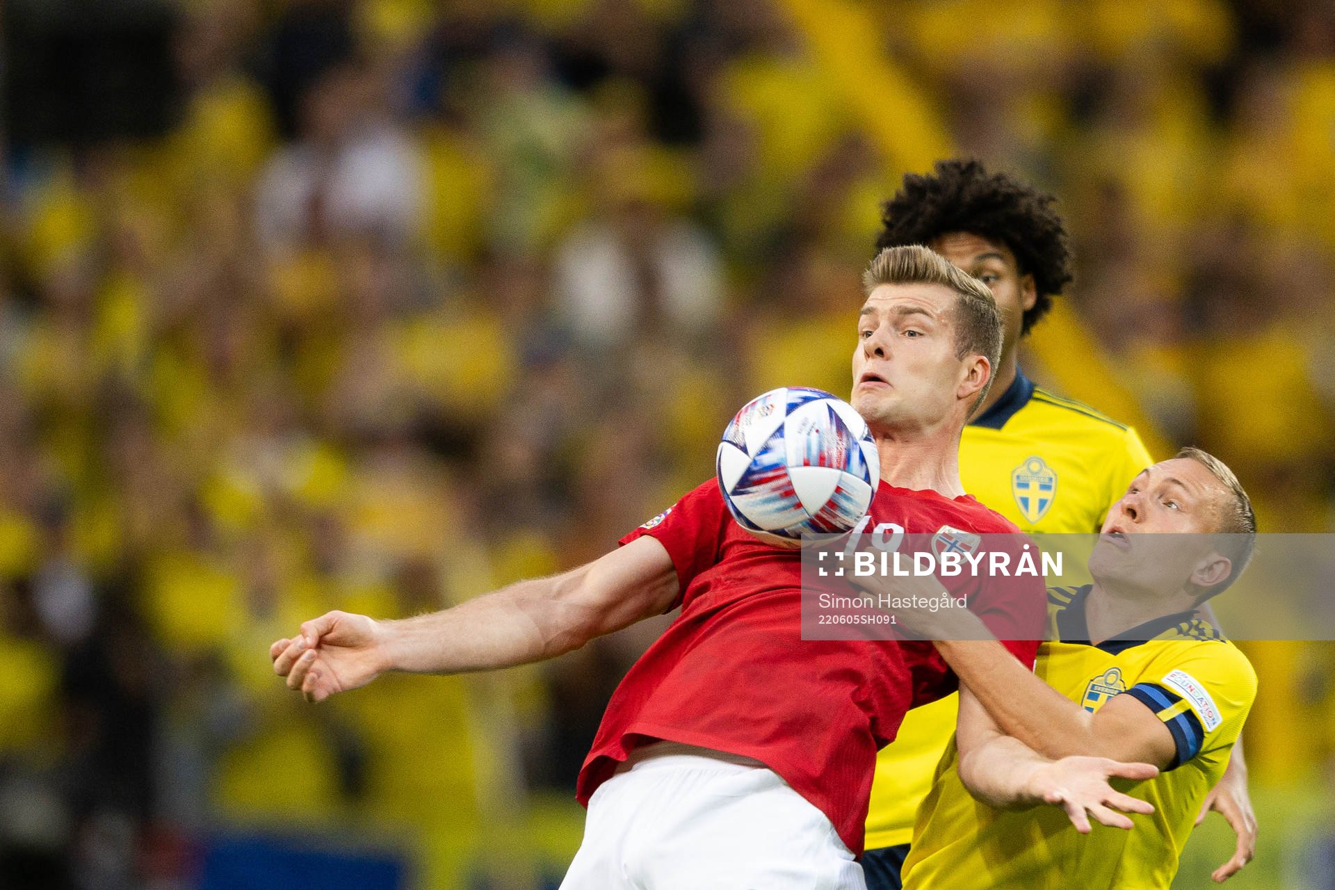 Alexander Sørloth of Norway against Ludwig Augustinsson of