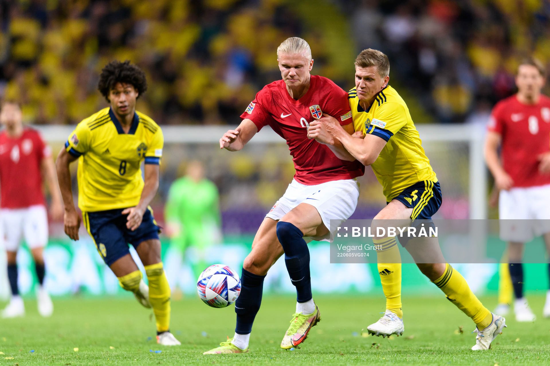 Erling Braut Haaland of Norway and Joakim Nilsson of Sweden during the Nations League football match between Sweden and Norway on June 5, 2022 in Stockholm.