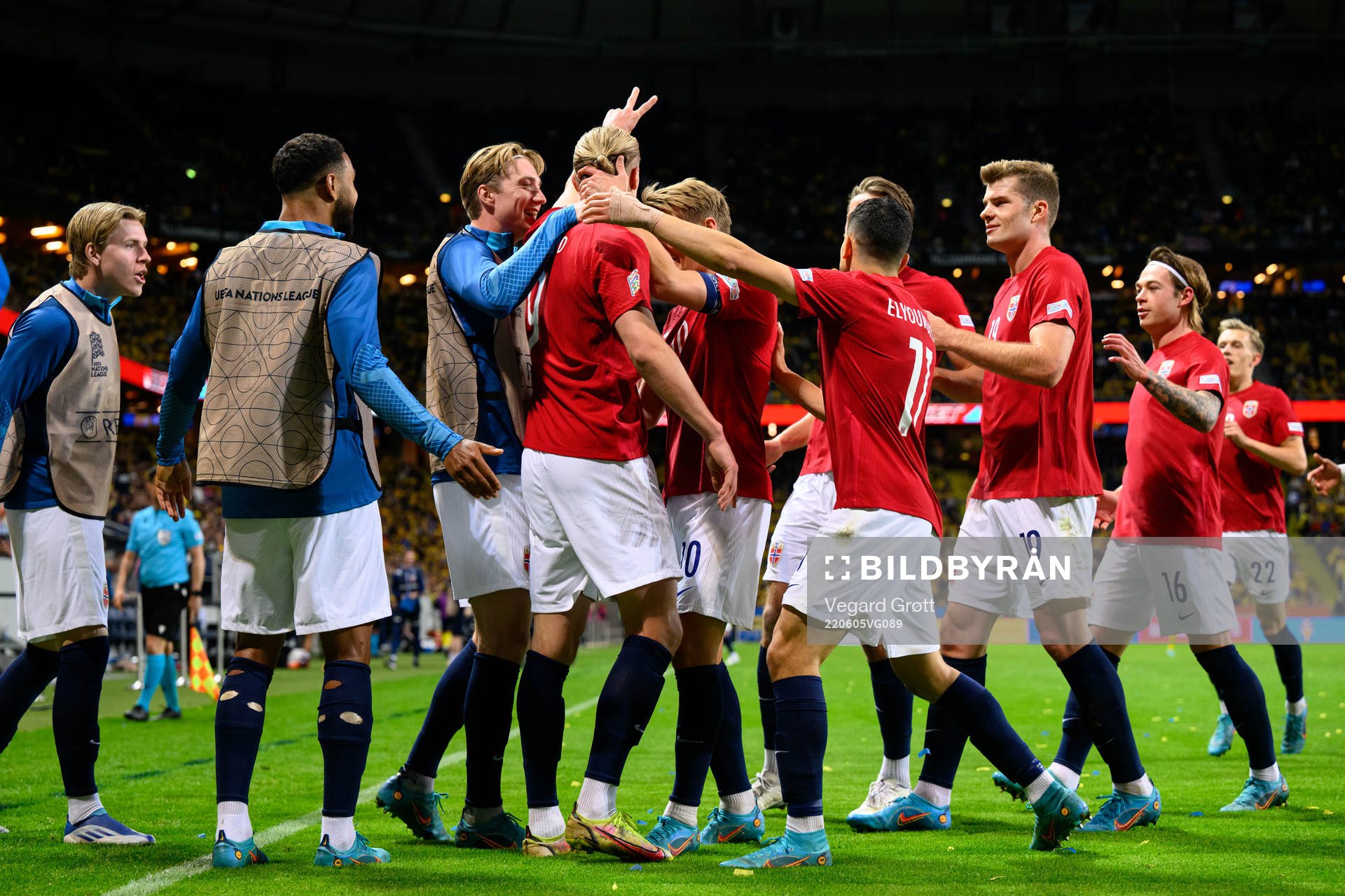 Erling Braut Haaland of Norway celebrates with his teammates