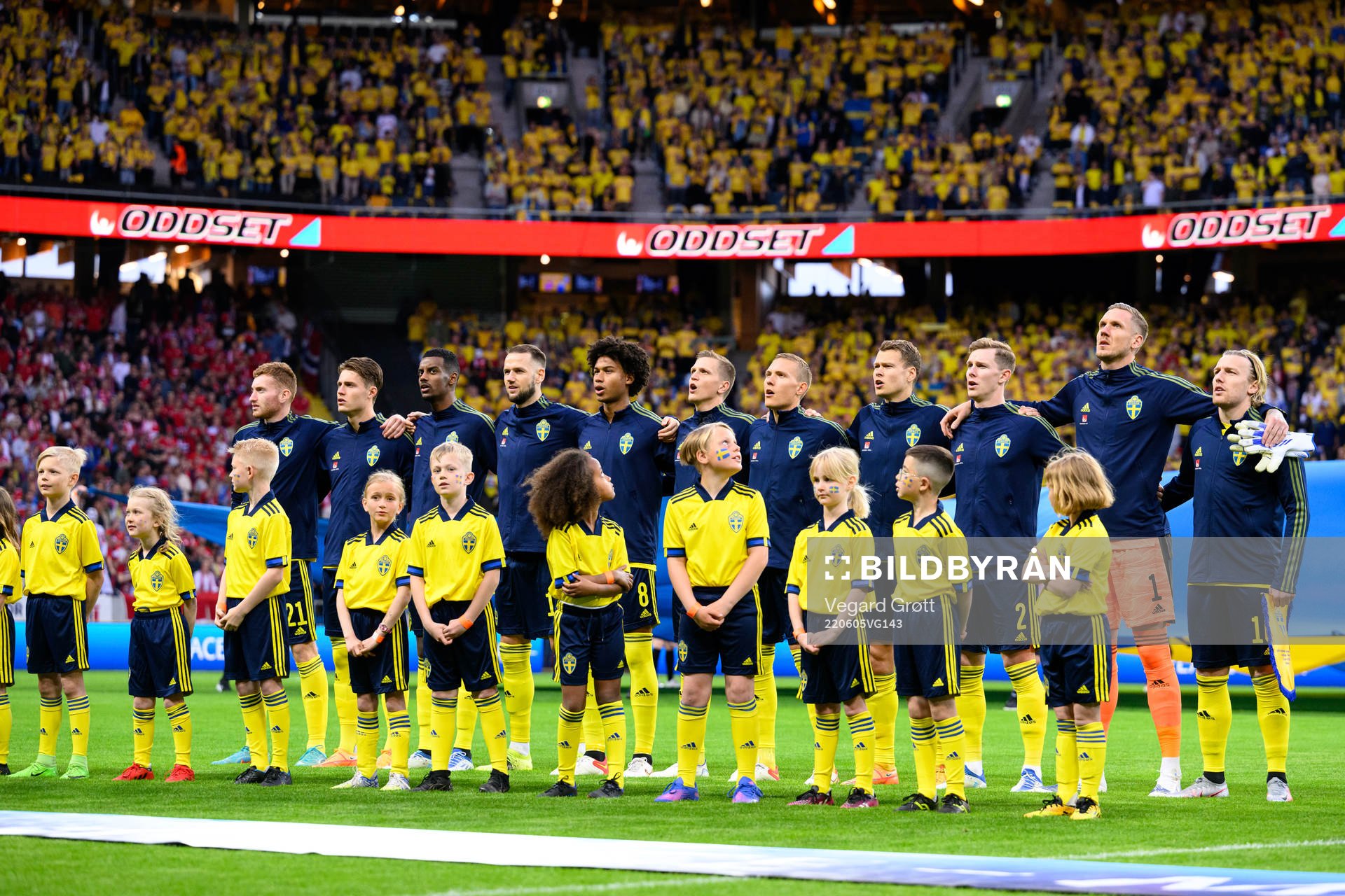 The Swedish players at lineup ahead during the Nations League football match between Sweden and Norway on June 5, 2022 in Stockholm. 