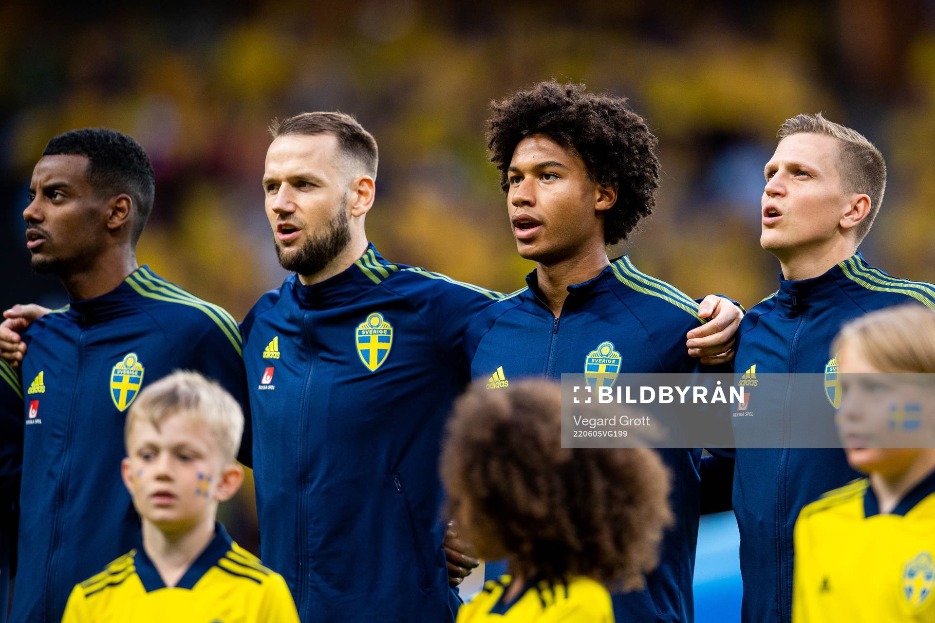 Alexander Isak, Alexander Milosevic, Jens Cajuste and Joakim Nilsson of Sweden ahead of the Nations League football match between Sweden and Norway on June 5, 2022 in Stockholm.