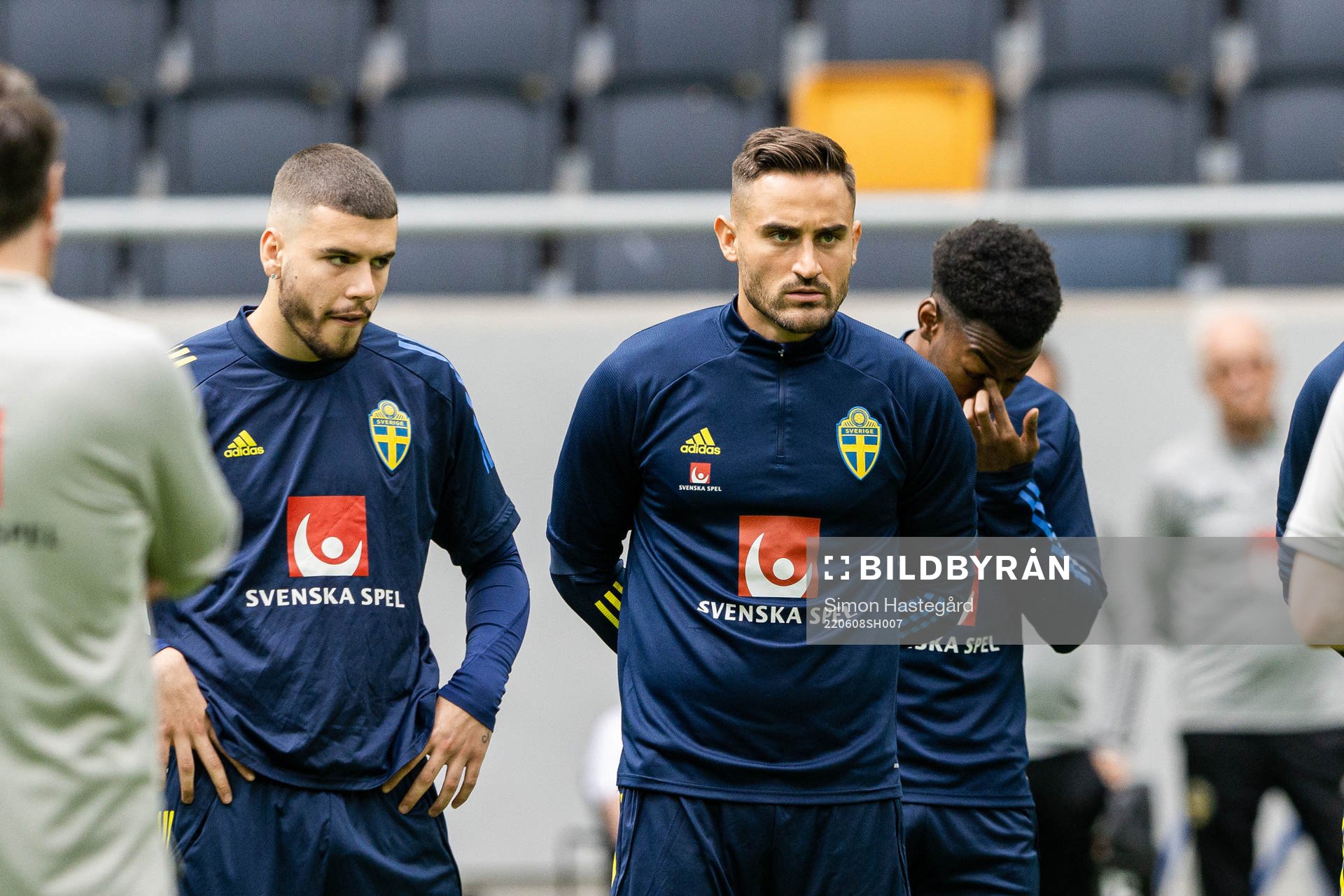 Edvin Kurtulus and Sotirios Papagiannopoulos of the Swedish national football team during a training session on June 8, 2022 in Stockholm.