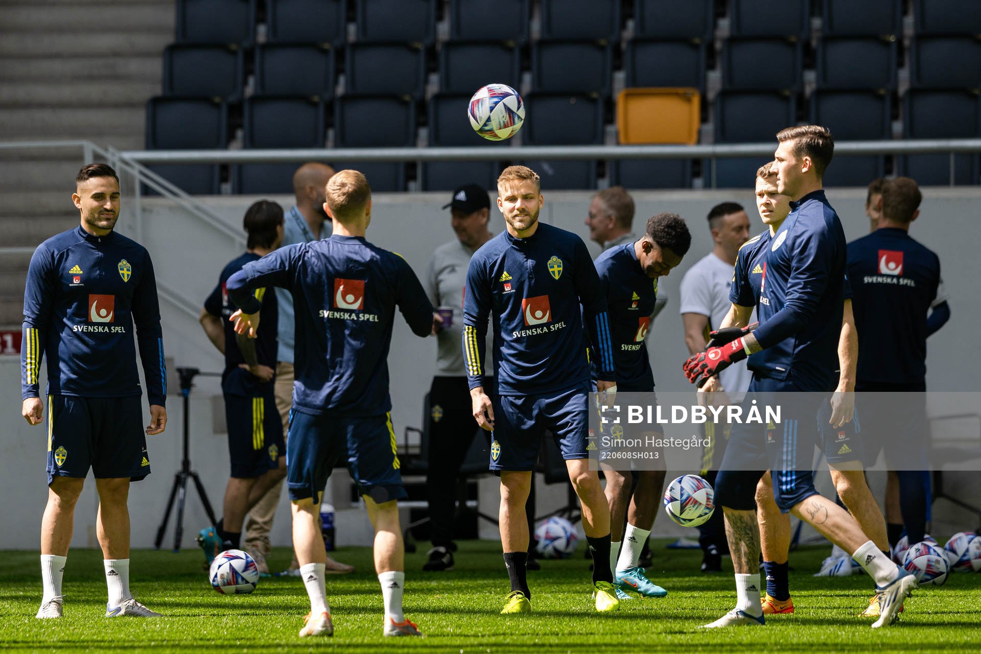 Sotirios Papagiannopoulos and Christoffer Nyman of the Swedish national football team during a training session on June 8, 2022 in Stockholm. 