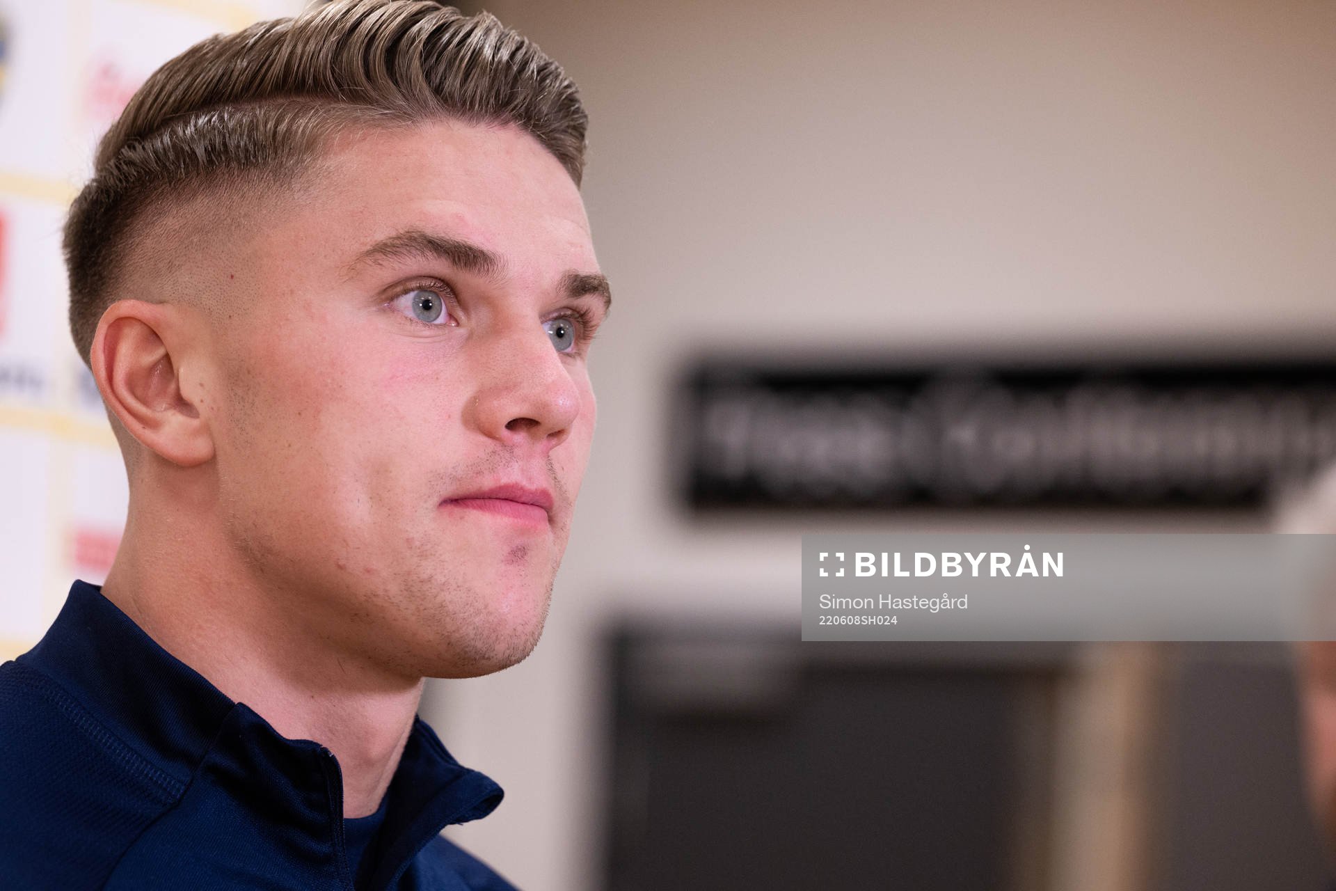 Viktor Gyökeres of the Swedish national football team in the mixed zone after a training session on June 8, 2022 in Stockholm. 