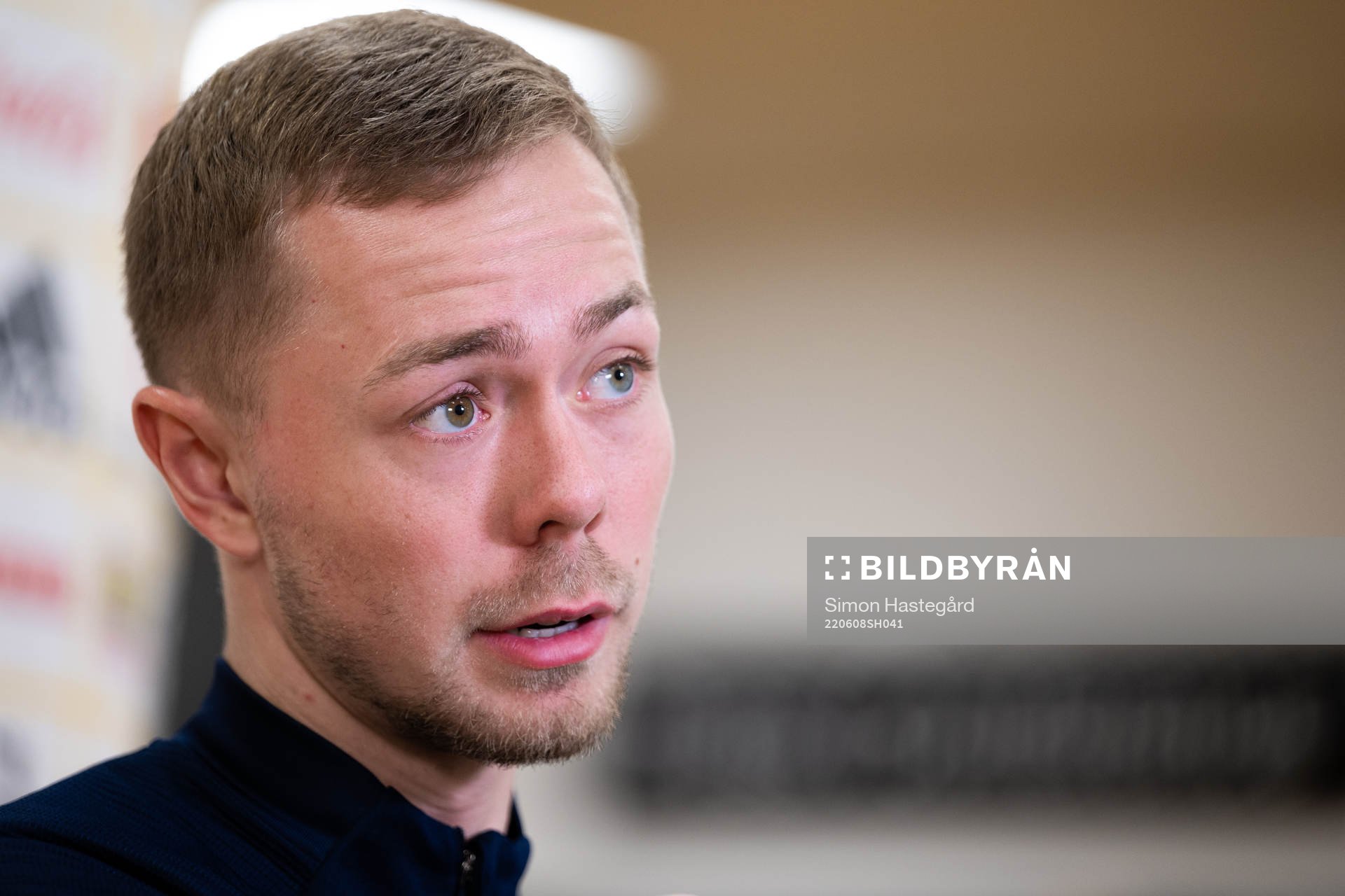 Joel Andersson of the Swedish national football team in the mixed zone after a training session on June 8, 2022 in Stockholm. 
