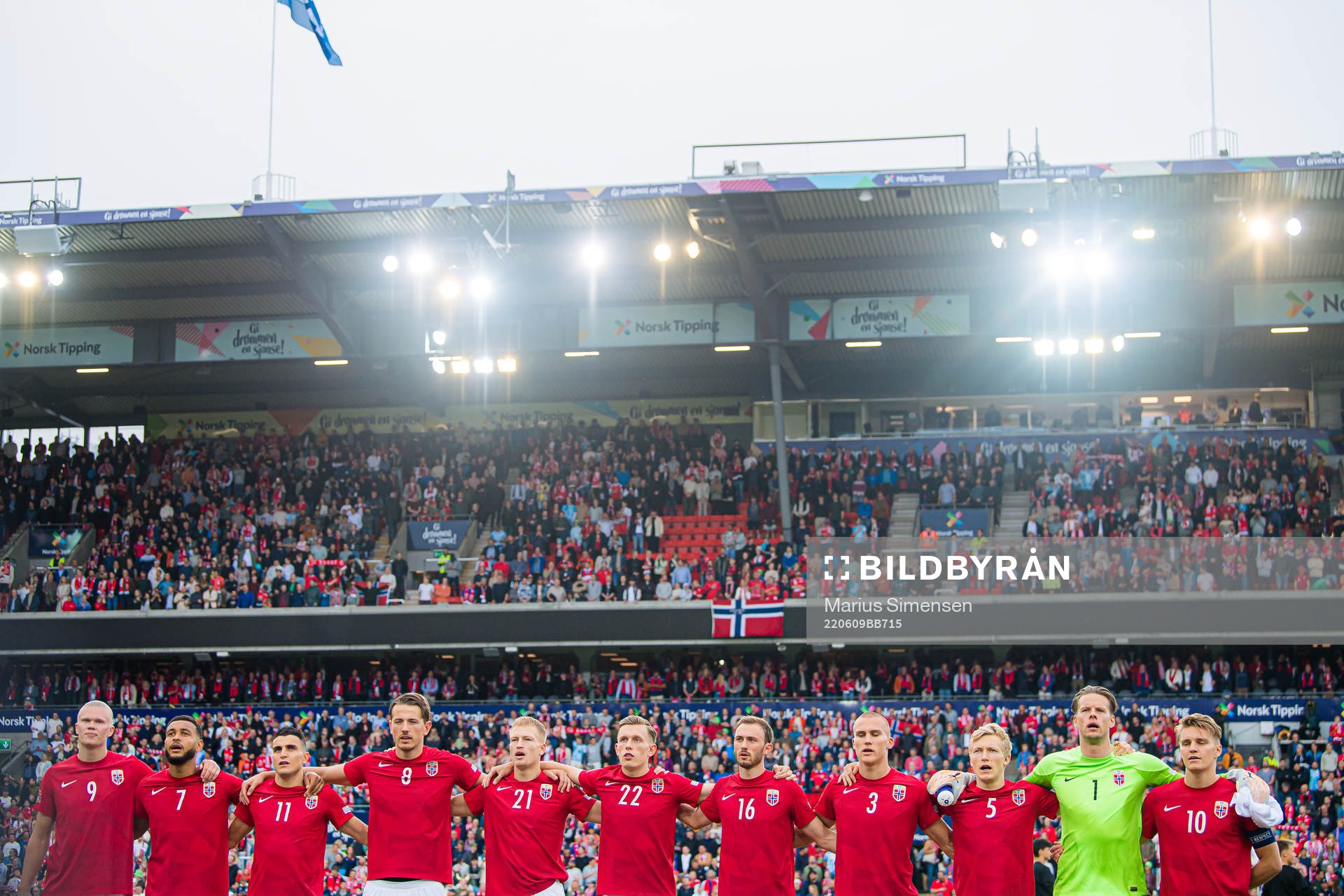 Erling Braut Haaland, Joshua Christian Kojo King, Mohamed Amine Elyounoussi, Sander Gard Bolin Berge, Andreas Schjølberg Hanche-Olsen, Marcus Holmgren Pedersen, Fredrik Aursnes, Leo Skiri Østigård, Birger Solberg Meling, Ørjan Håskjold Nyland and Martin Ødegaard of Norway the Nations League football match between Norway and Slovenia on June 9, 2022 in Oslo.