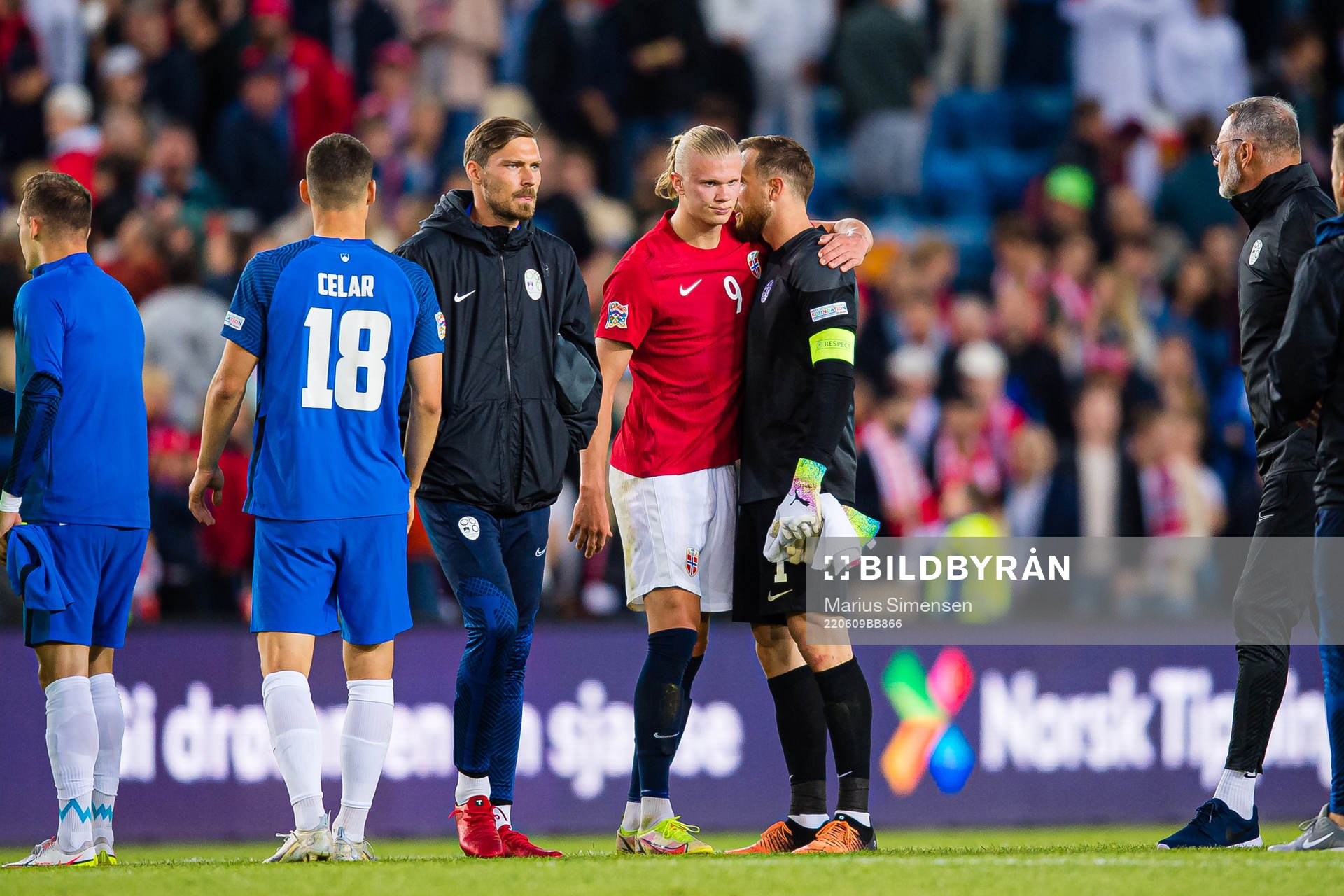 Erling Braut Haaland of Norway and Jan Oblak of Slovenia