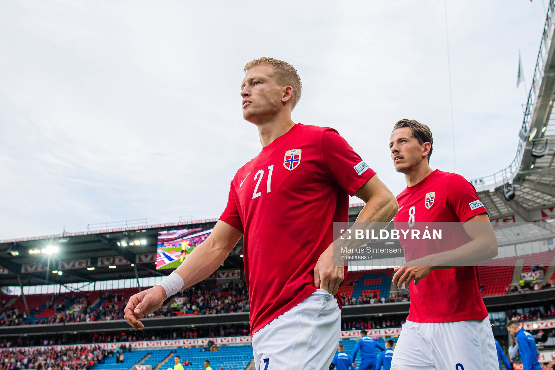 Andreas Schjølberg Hanche-Olsen and Sander Gard Bolin Berge of Norway ahead of the Nations League football match between Norway and Slovenia on June 9, 2022 in Oslo.