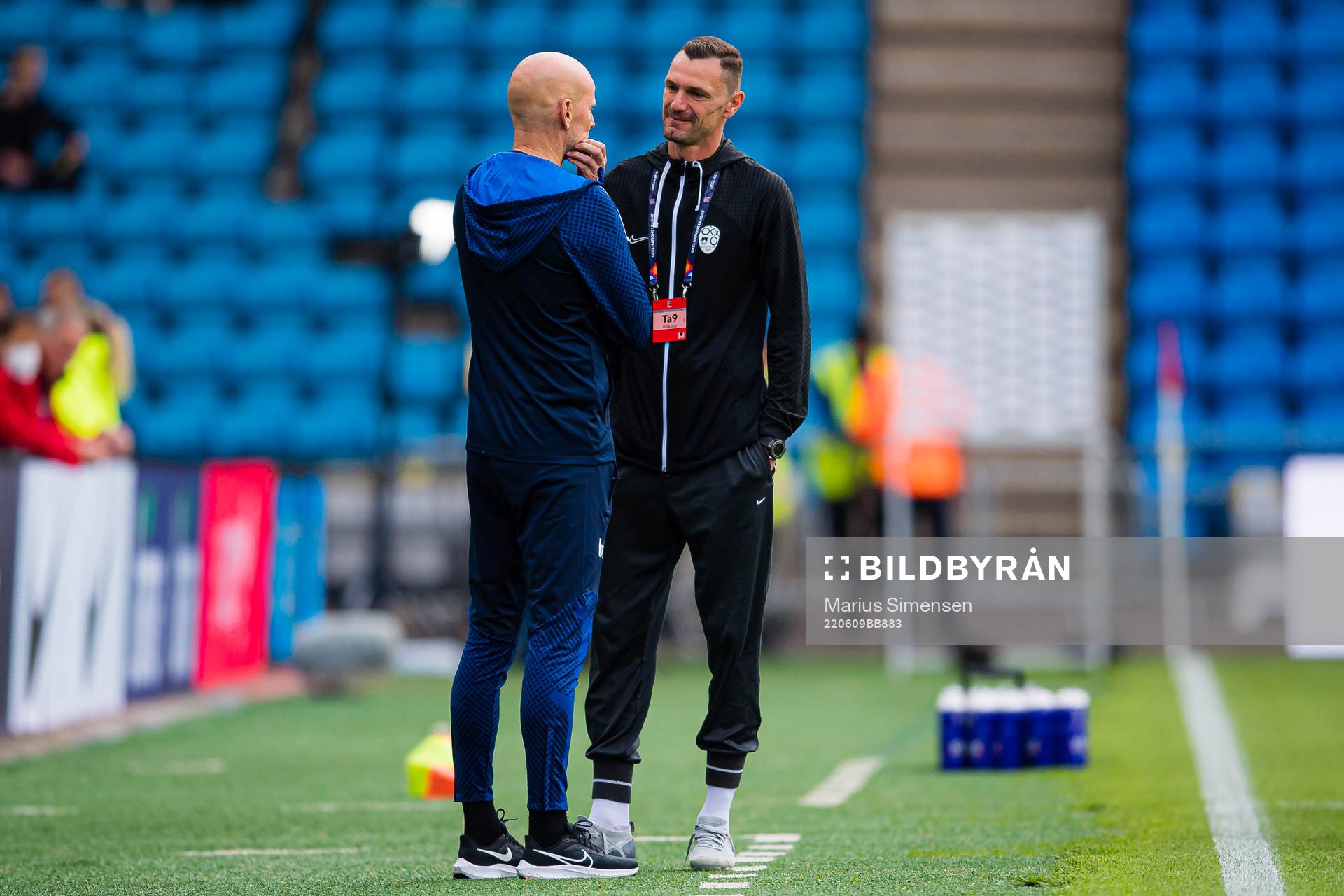 Ståle Solbakken, head coach of the Norwegian national football team, and Matjaz Kek, head coach of the Slovenia national football team, ahead of the Nations League football match between Norway and Slovenia on June 9, 2022 in Oslo.