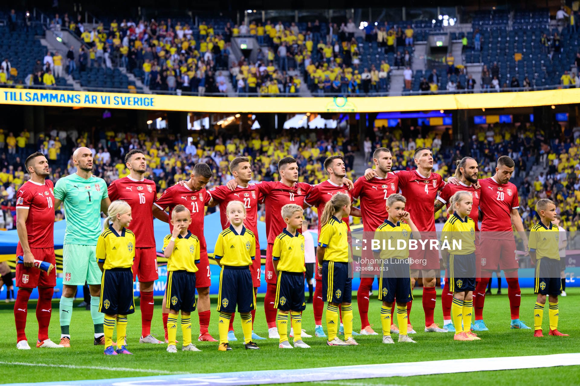 Players of Serbia at lineup ahead of the Nations League football match between Sweden and Serbia on June 9, 2022 in Stockholm. 