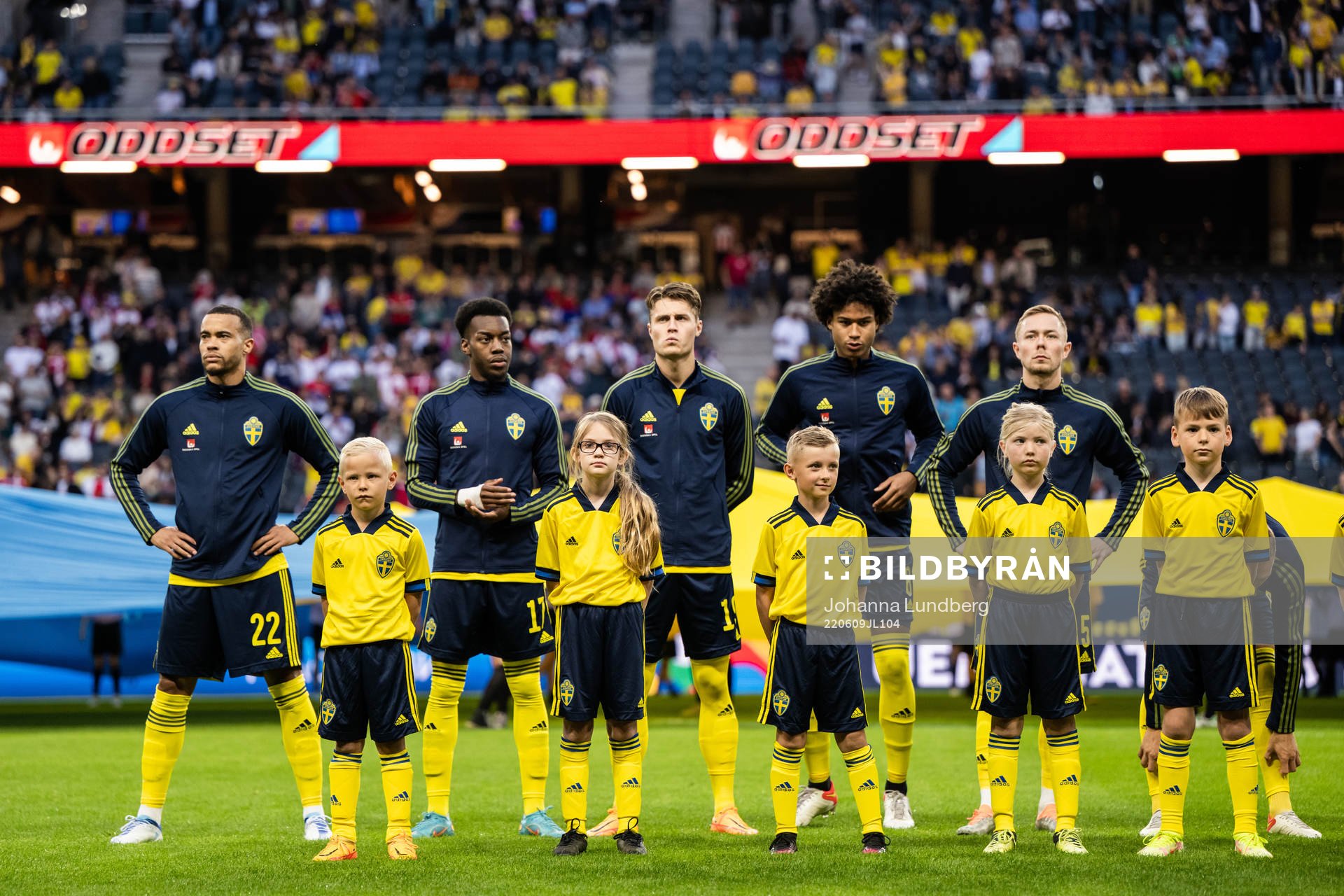 Robin Quaison, Anthony Elanga, Mattias Svanberg, Jens Cajuste and Joel Andersson of Sweden ahead of the Nations League football match between Sweden and Serbia on June 9, 2022 in Stockholm.