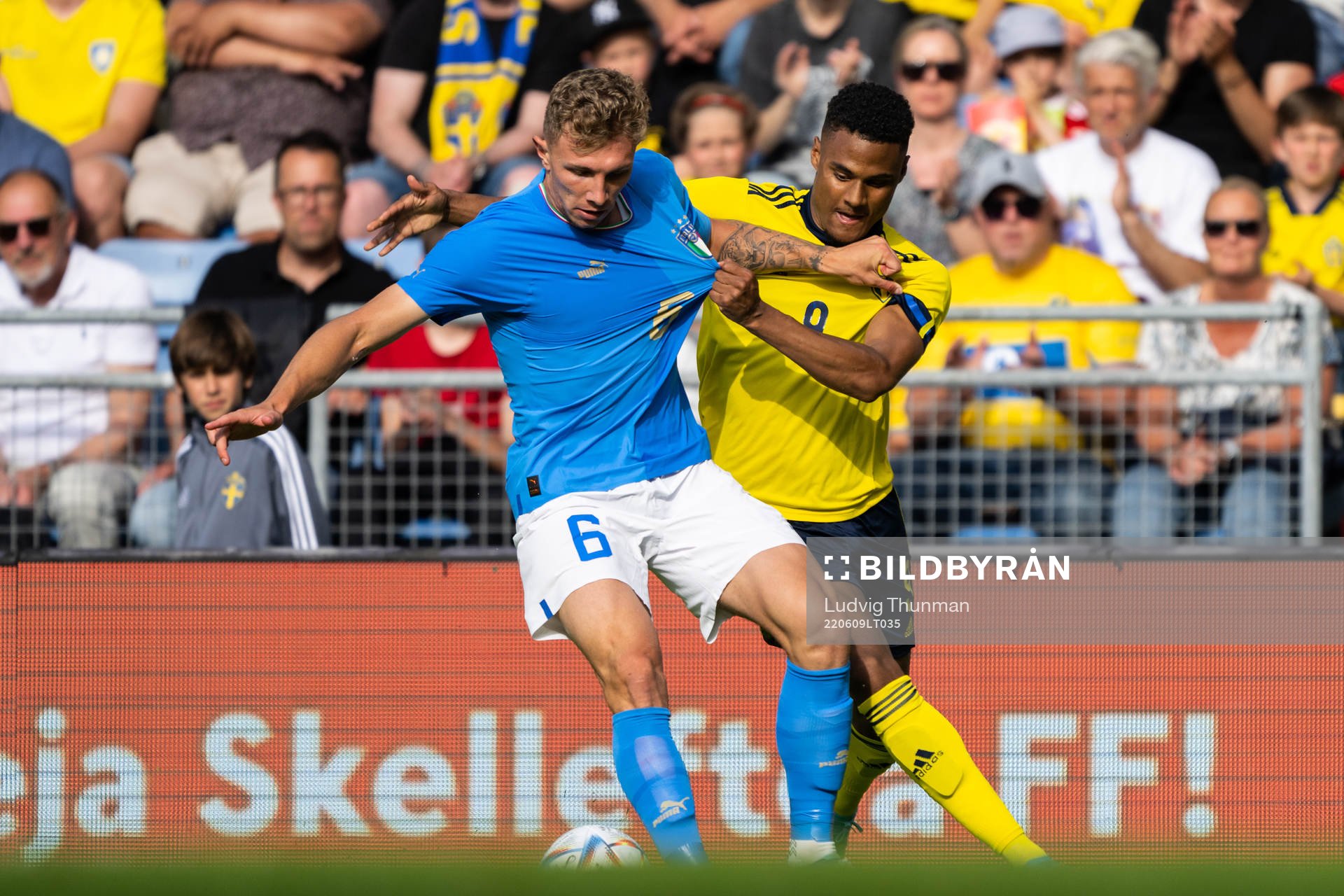 Matteo Lovato of Italy and Amin Sarr of Sweden during the UEFA European Under-21 Qualifier football match between Sweden and Italy on June 9, 2022 in Helsingborg.