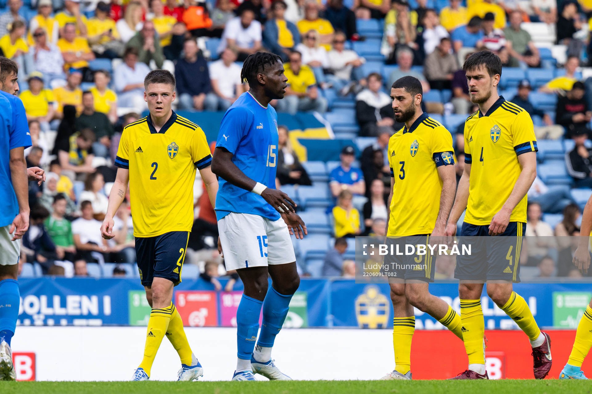 Emil Holm, Aiham Ousou and Pavle Vagic of Sweden during the UEFA European Under-21 Qualifier football match between Sweden and Italy on June 9, 2022 in Helsingborg.