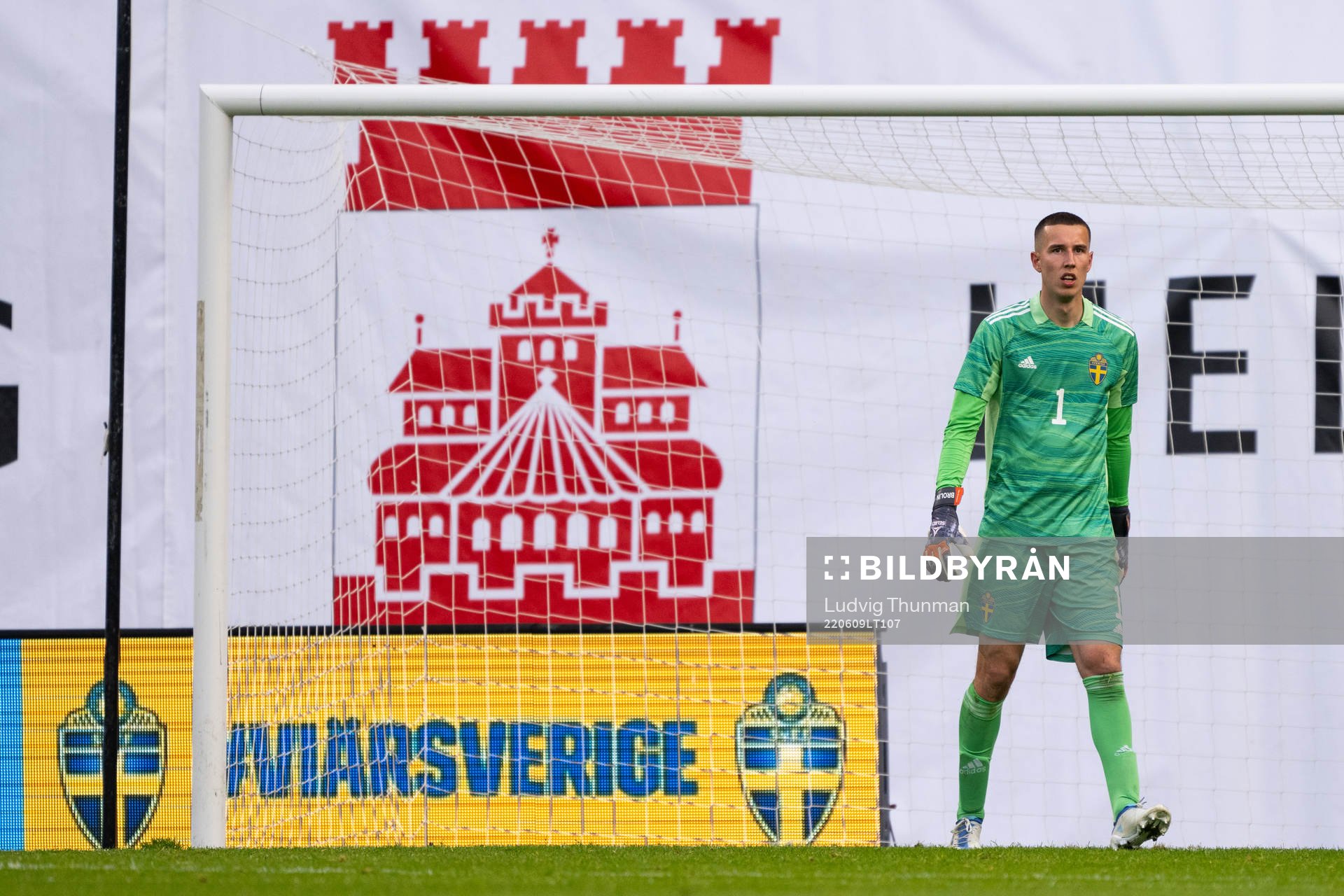 Goalkeeper Samuel Brolin of Sweden during the UEFA European Under-21 Qualifier football match between Sweden and Italy on June 9, 2022 in Helsingborg.