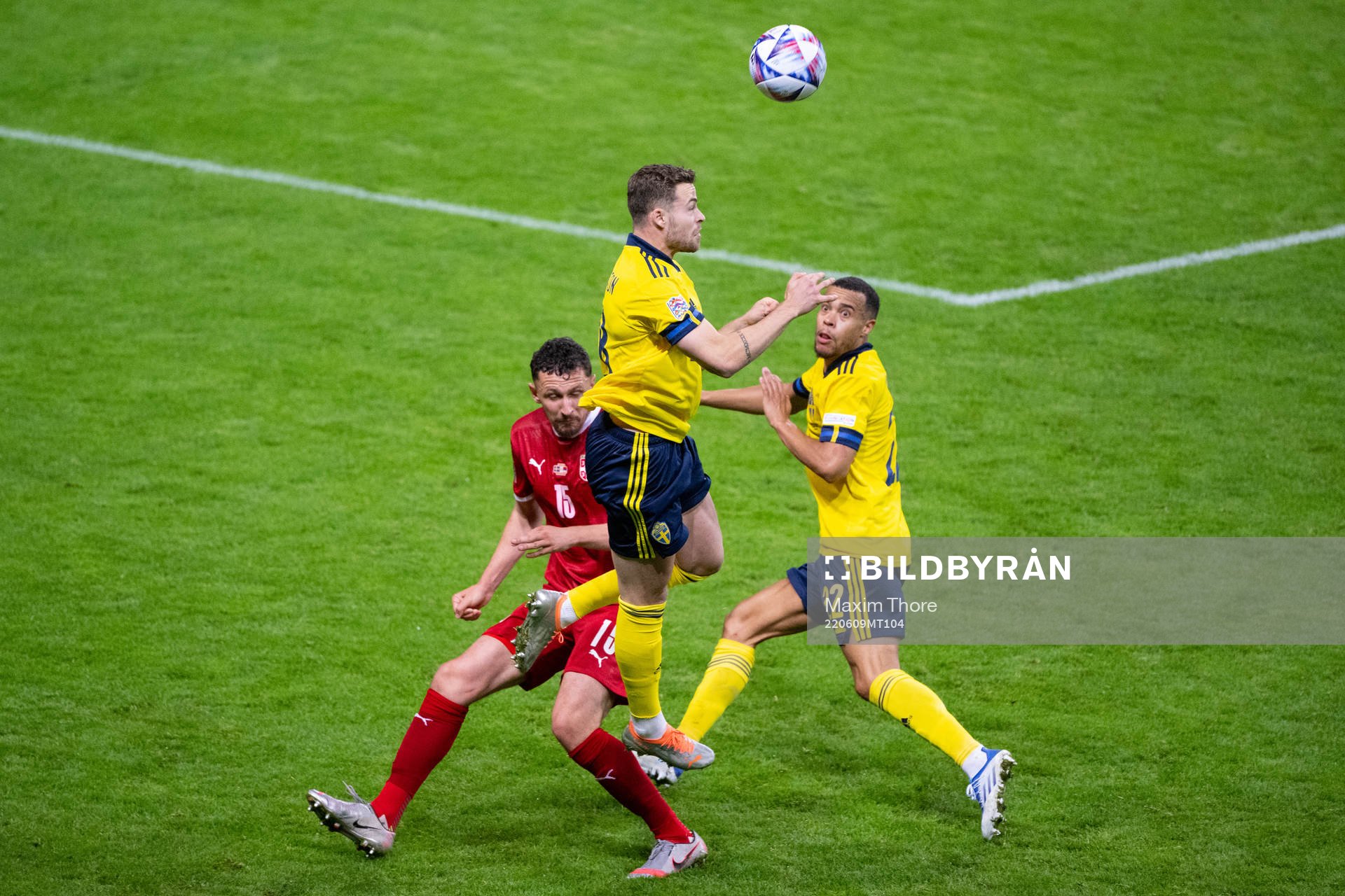 Milos Veljkovic of Serbia and Gabriel Gudmundsson and Robin