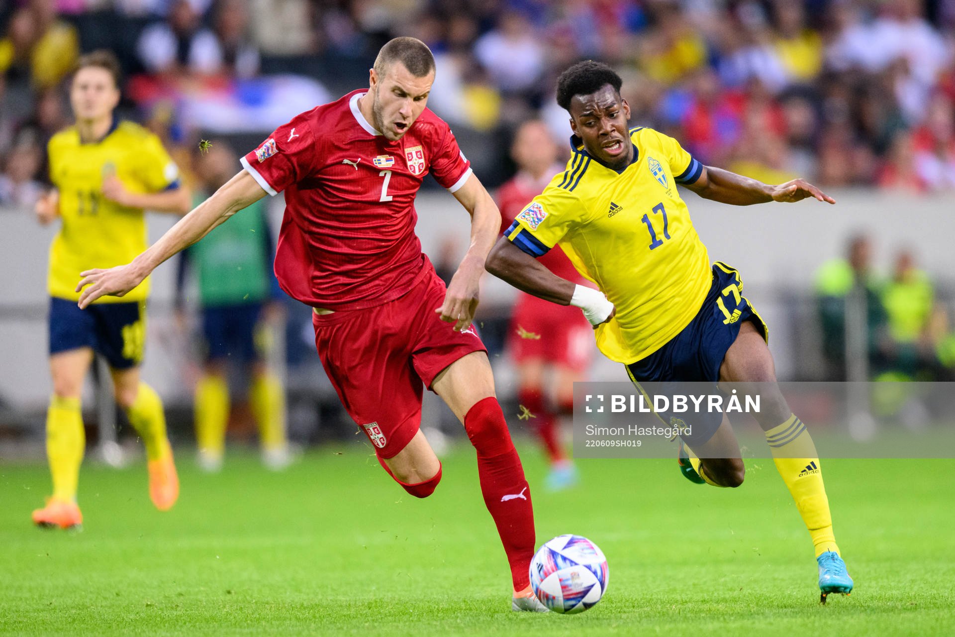 Strahinja Pavlovic of Serbia and Anthony Elanga of Sweden