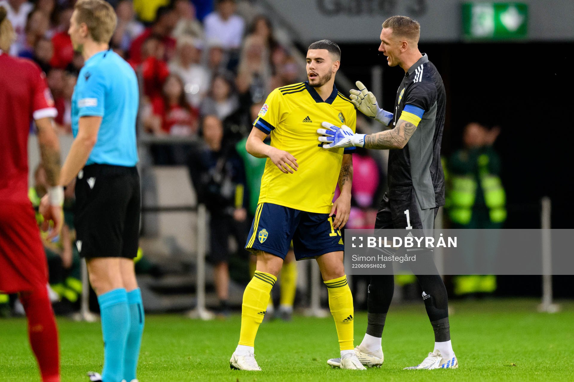 Edvin Kurtulus and goalkeeper Robin Olsen of Sweden