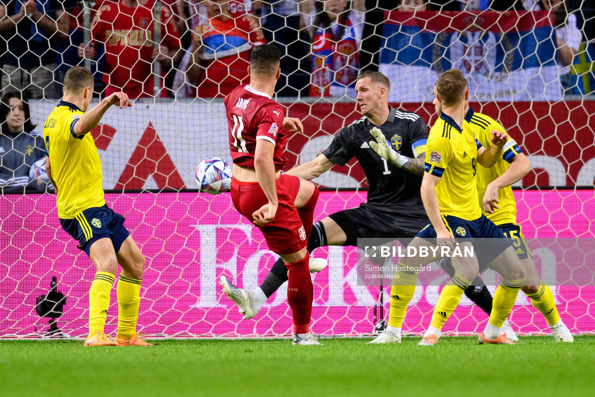 of Serbia Luka Jovic scores 0-1 bahind goalkeeper Robin