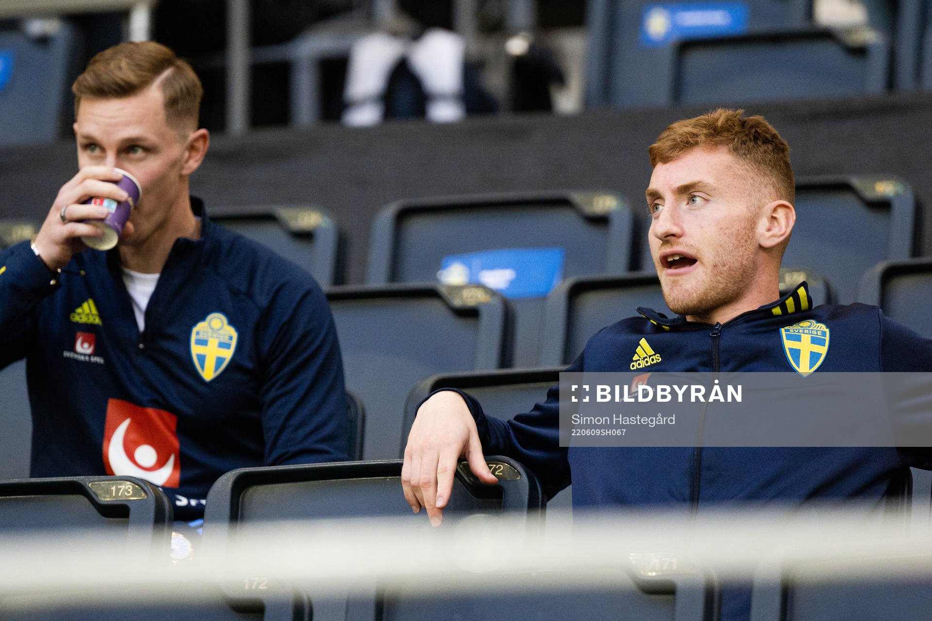 Emil Krafth and Dejan Kulusevski of Sweden in the stands
