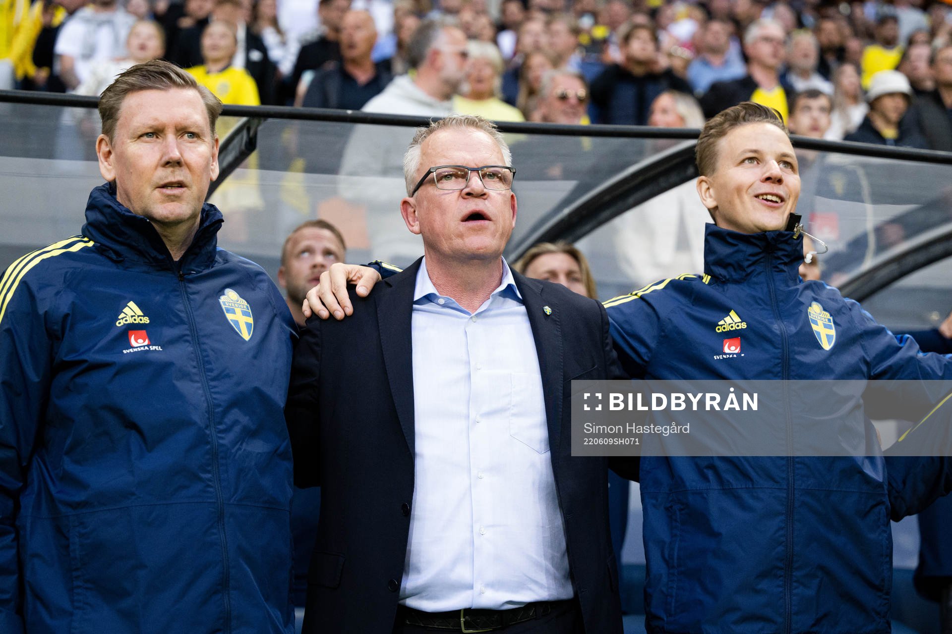 Assistant coach Peter Wettergren, head coach Janne Andersson and Goalkeeper coach Maths Elfvendal ahead of the Nations League football match between Sweden and Serbia on June 9, 2022 in Stockholm. 