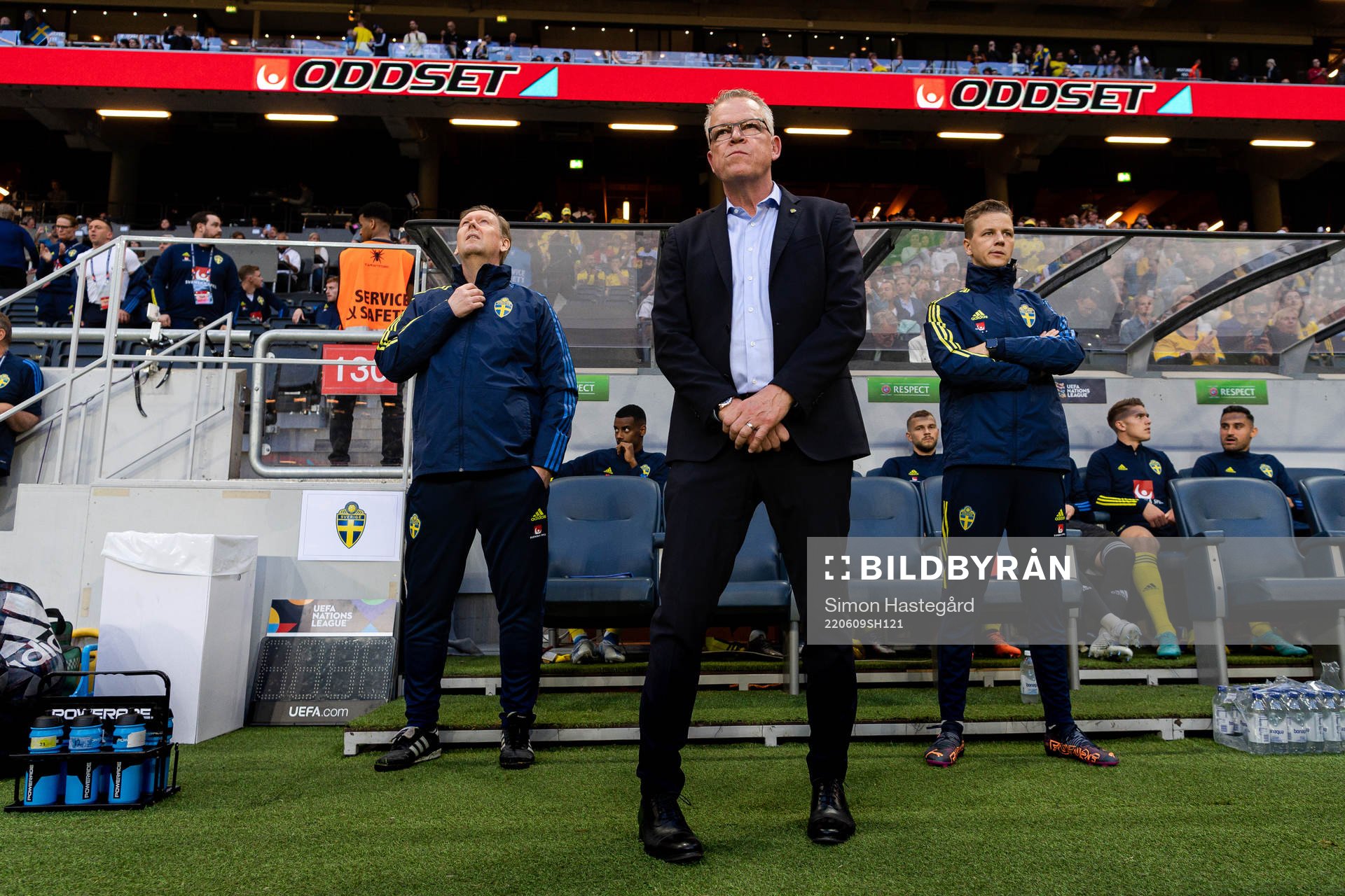 Assistant coach Peter Wettergren, head coach Janne Andersson and Goalkeeper coach Maths Elfvendal ahead of the Nations League football match between Sweden and Serbia on June 9, 2022 in Stockholm.