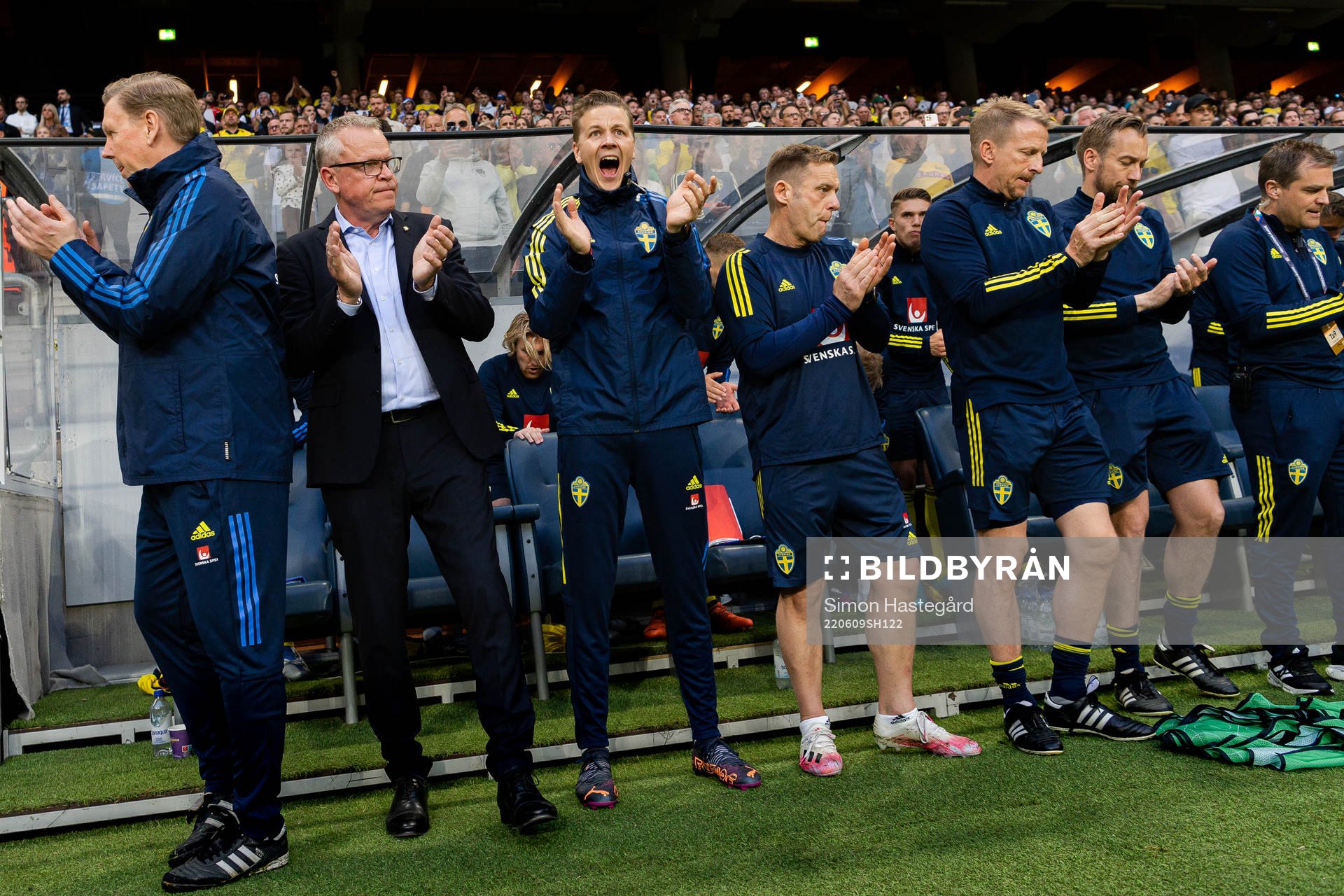 Assistant coach Peter Wettergren, head coach Janne Andersson and Goalkeeper coach Maths Elfvendal ahead of the Nations League football match between Sweden and Serbia on June 9, 2022 in Stockholm.