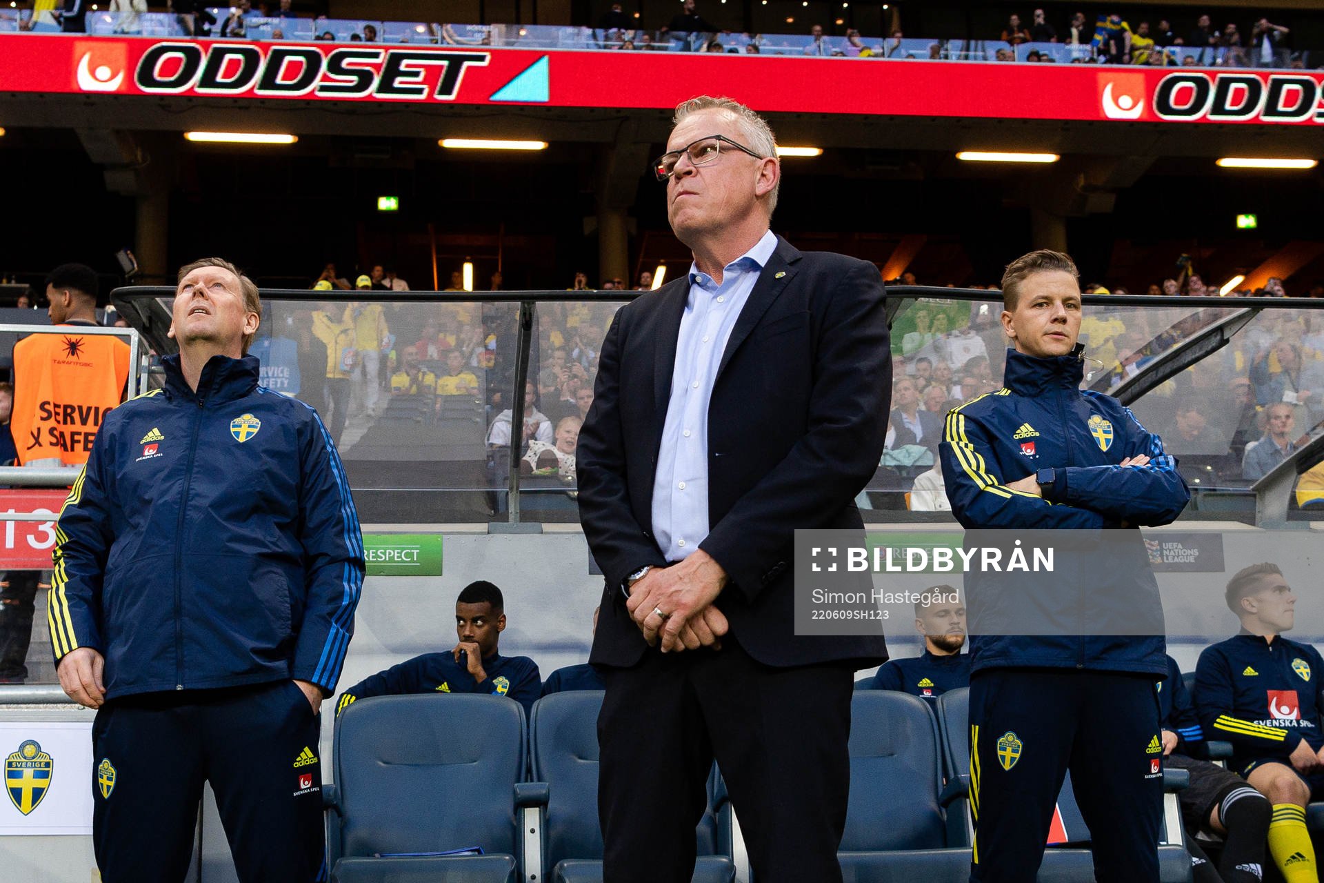 Assistant coach Peter Wettergren, head coach Janne Andersson and Goalkeeper coach Maths Elfvendal ahead of the Nations League football match between Sweden and Serbia on June 9, 2022 in Stockholm. 