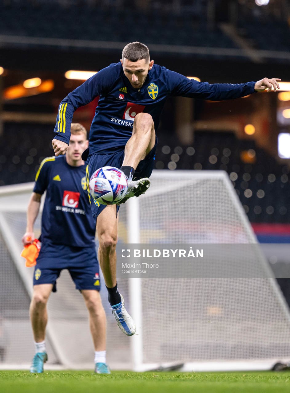 Branimir Hrgota of the Swedish national football team during a training session on June 10, 2022 in Stockholm. 
