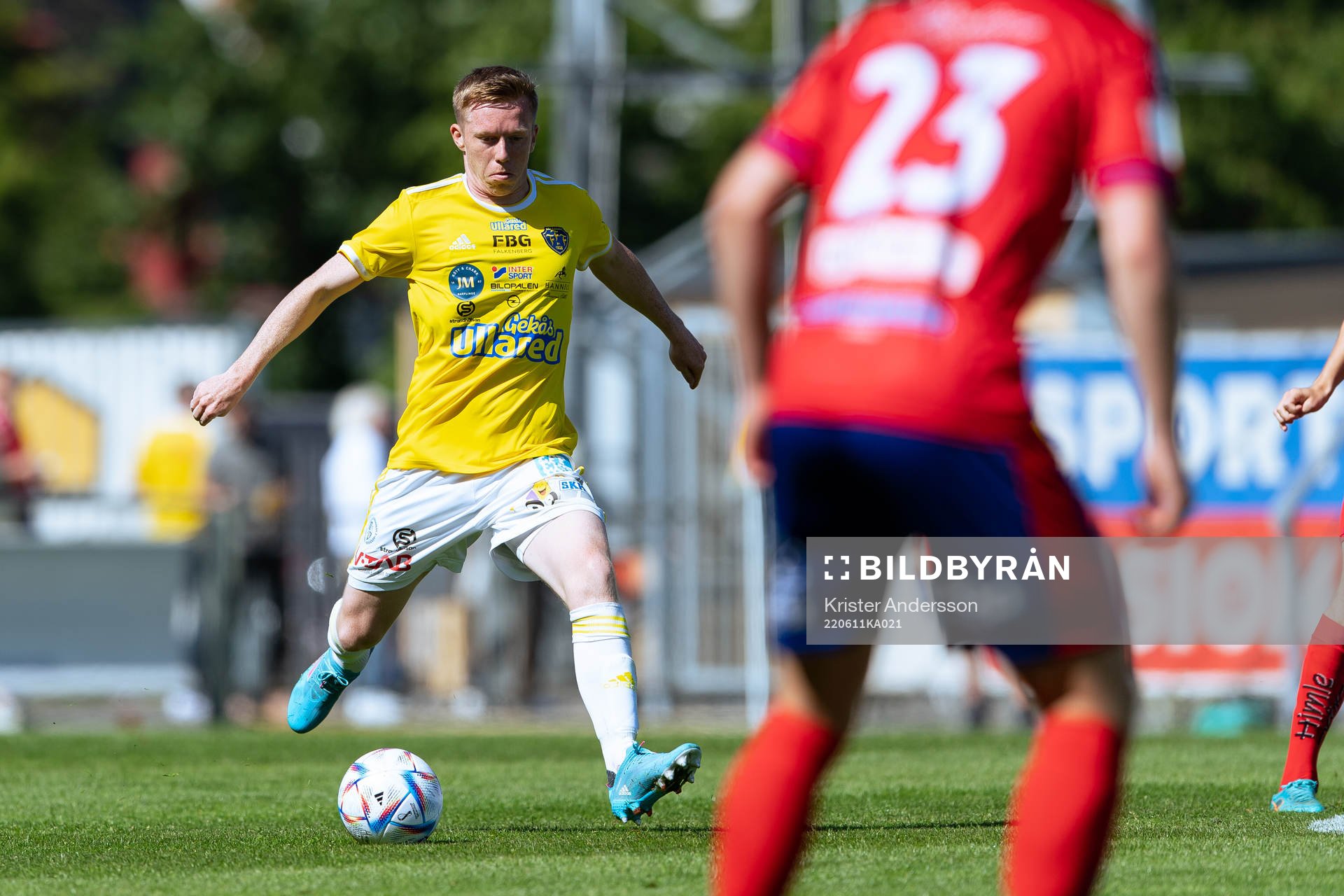 Falkenbergs Lucas Sibelius under fotbollsmatchen i Ettan södra mellan Falkenberg och Tvååker den 11 juni 2022 i Falkenberg. 