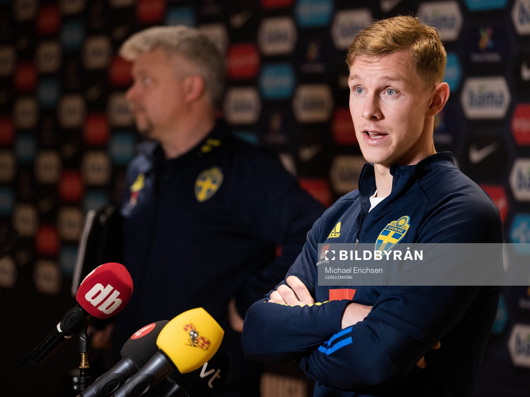 Emil Krafth of the Swedish national football team  in the mixed zone after a training session on June 11, 2022 in Oslo. 