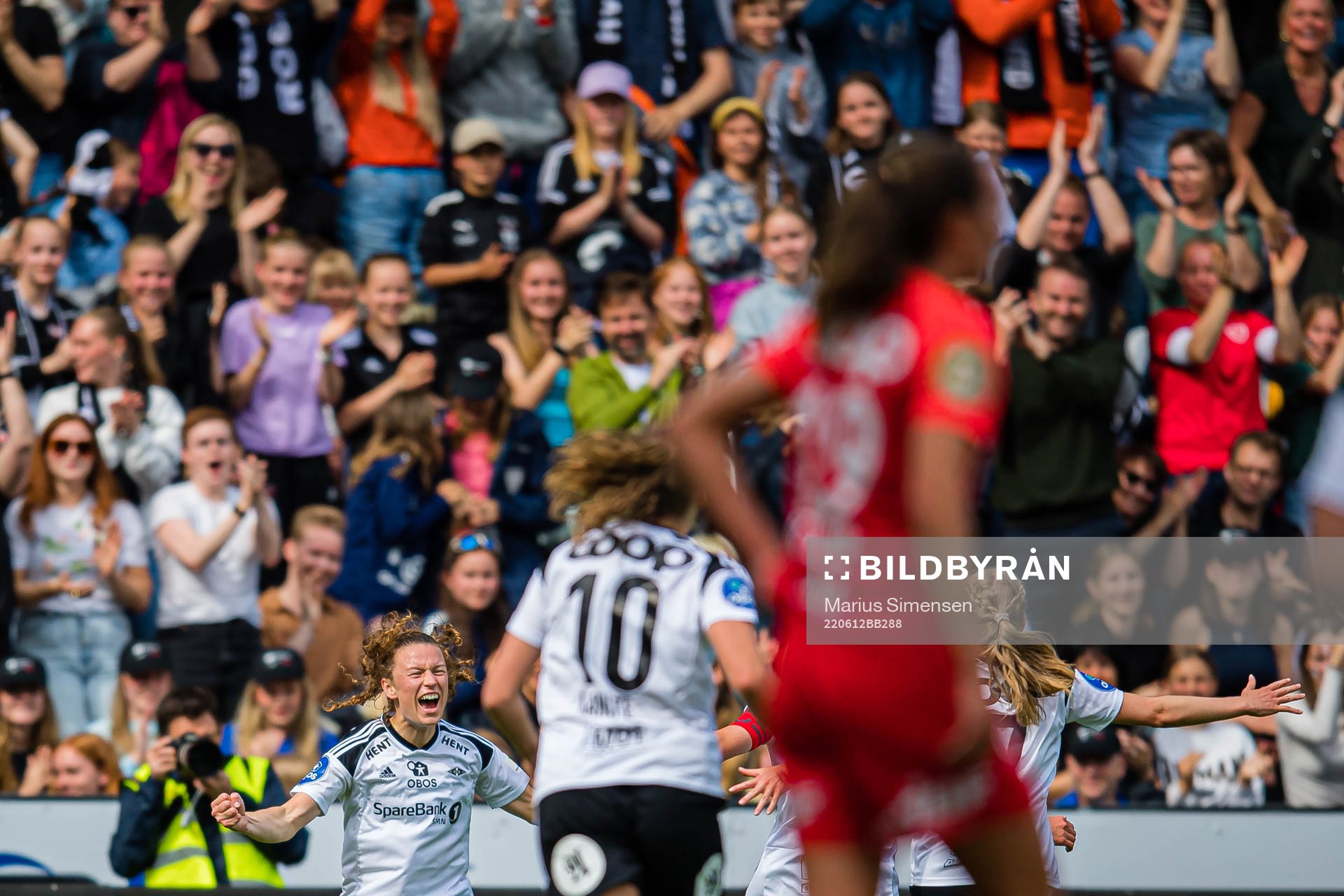 Synne Skinnes Hansen of Rosenborg celebrates after scoring the 1-0 goal during the Toppserien football match between Rosenborg and Brann on June 12, 2022 in Trondheim.