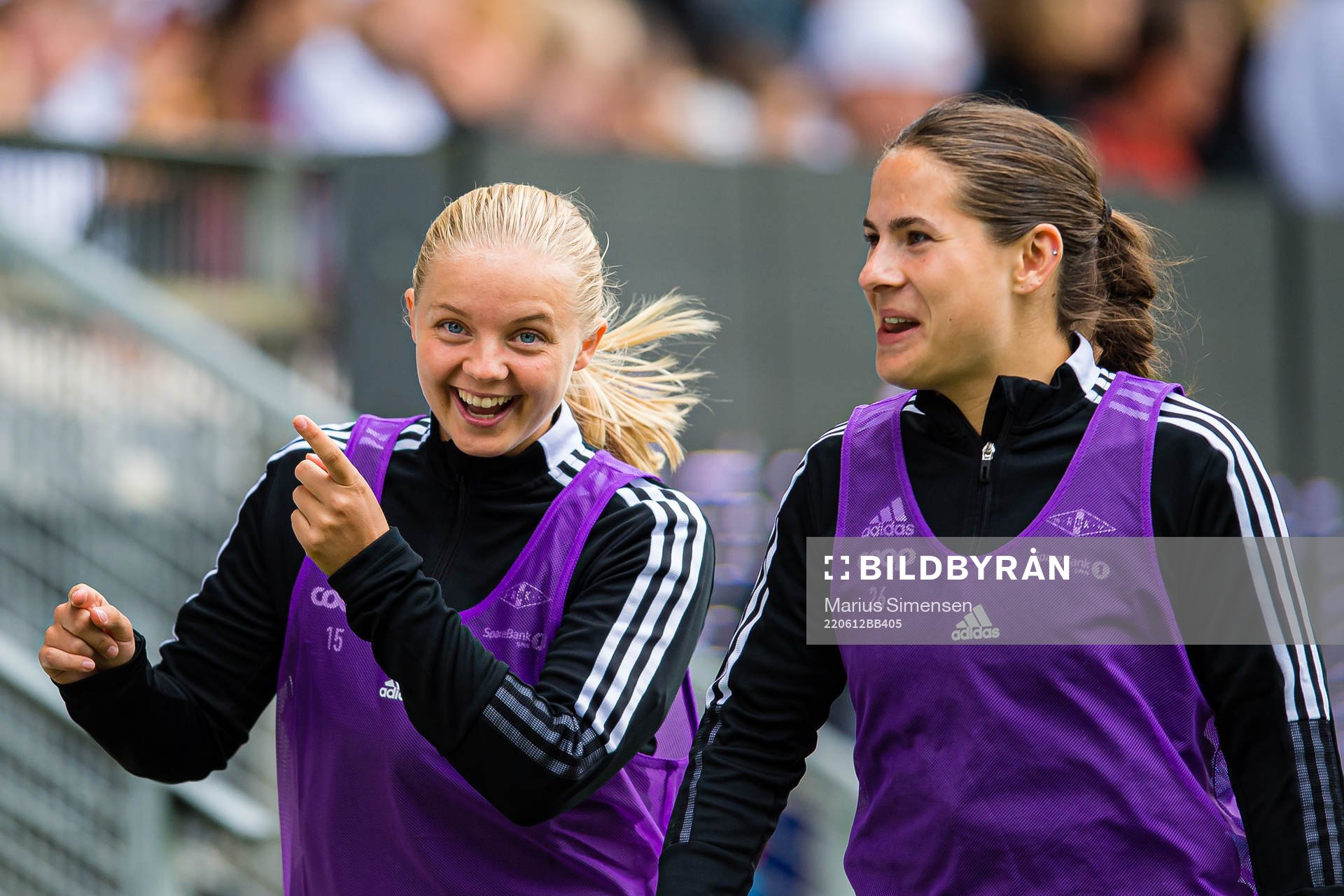 Synne Amdahl Brønstad and Marita Olsen of Rosenborg warms up during the Toppserien football match between Rosenborg and Brann on June 12, 2022 in Trondheim.