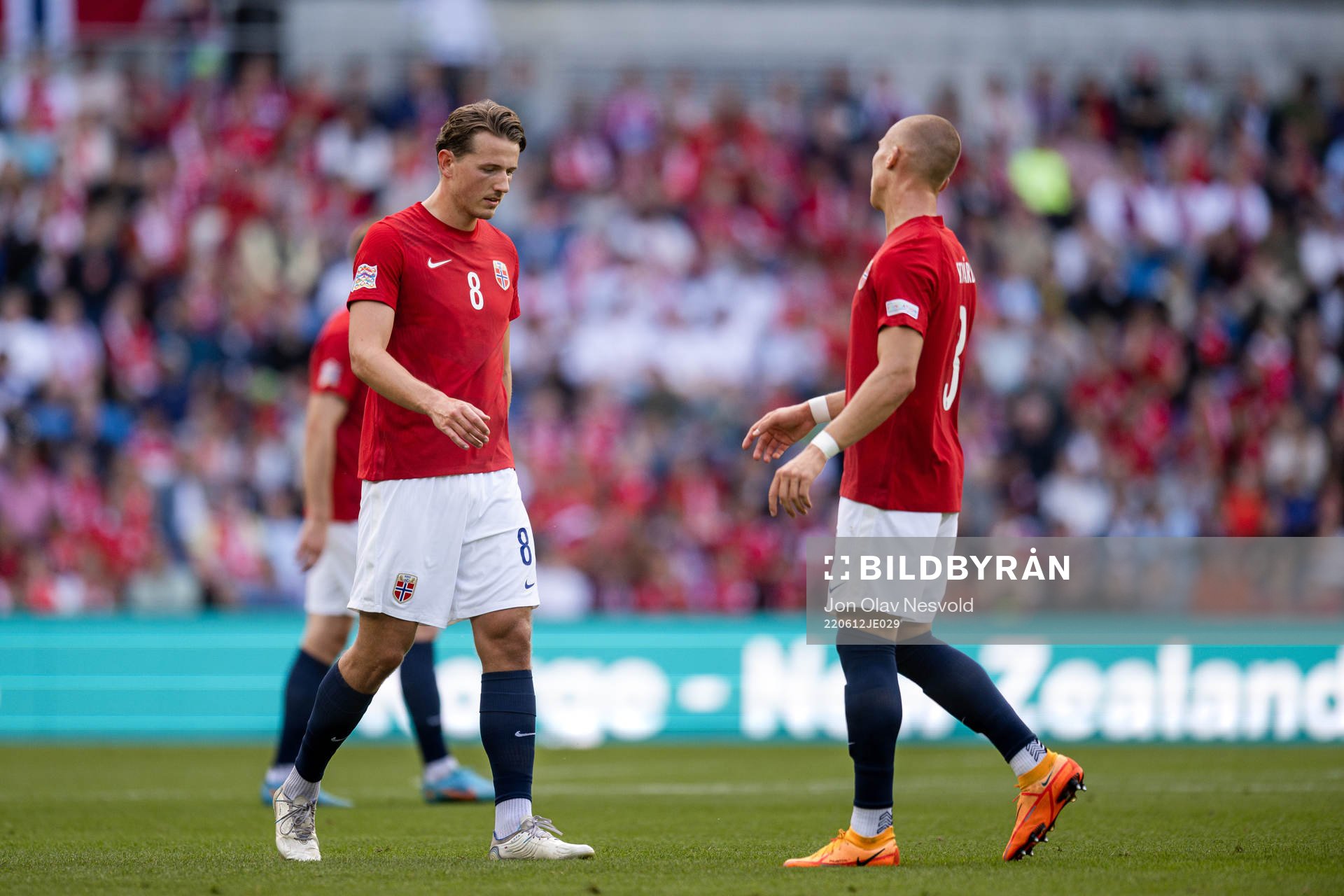 Sander Berge and Leo Østigård of Norway look dejected