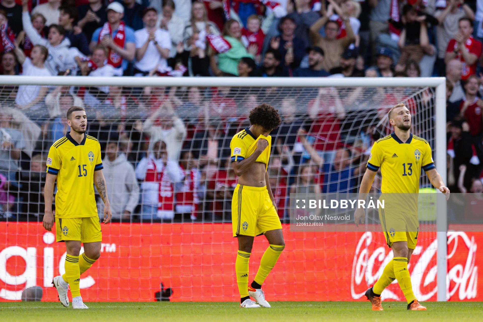 Edvin Kurtulus , Jens Cajuste and Jesper Karlström of Sweden look dejected after the 1-0 goal during the Nations League football match between Norway and Sweden on June 12, 2022 in Oslo.
