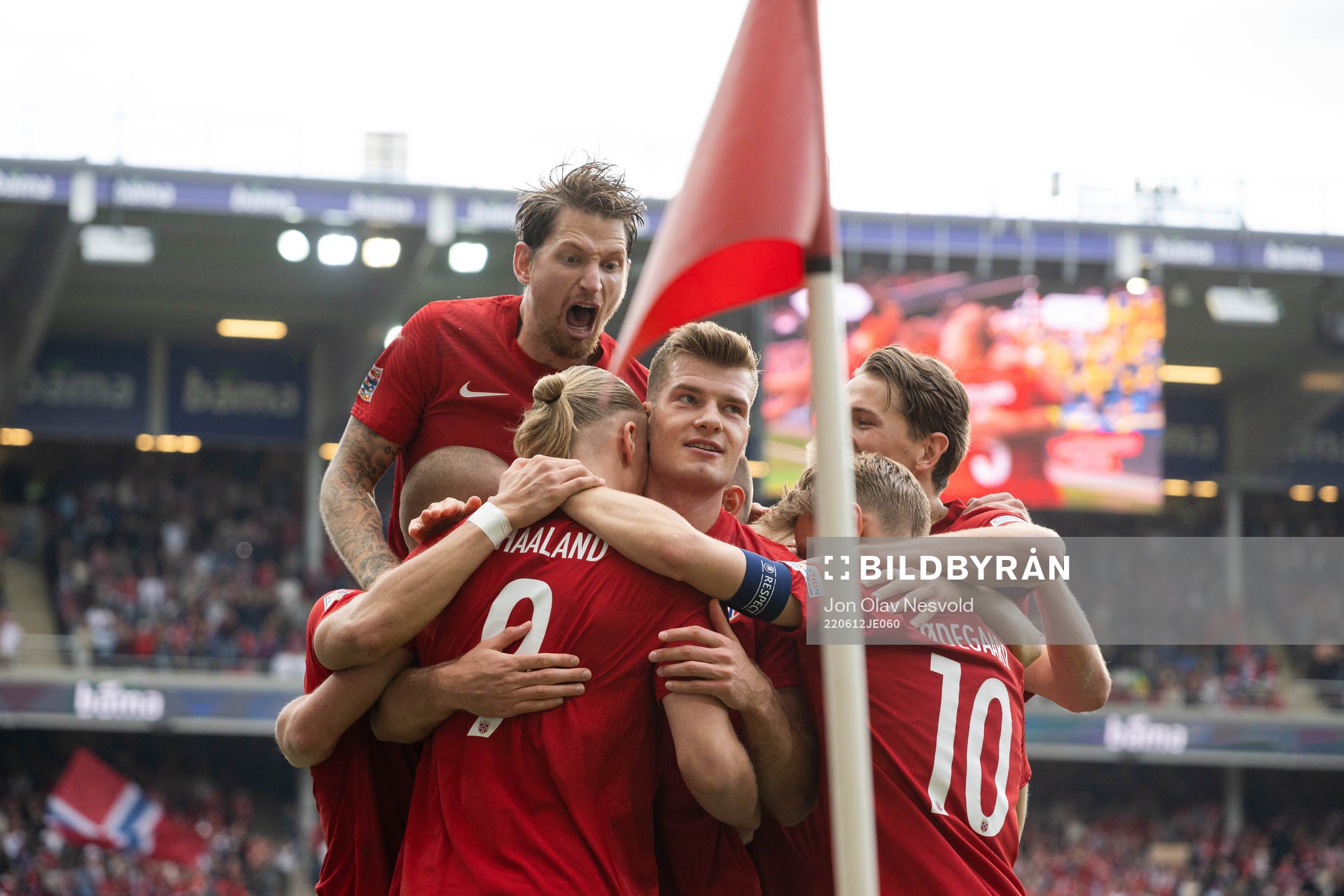 Players of Norway celebrate the 2-0 goal by Erling Braut